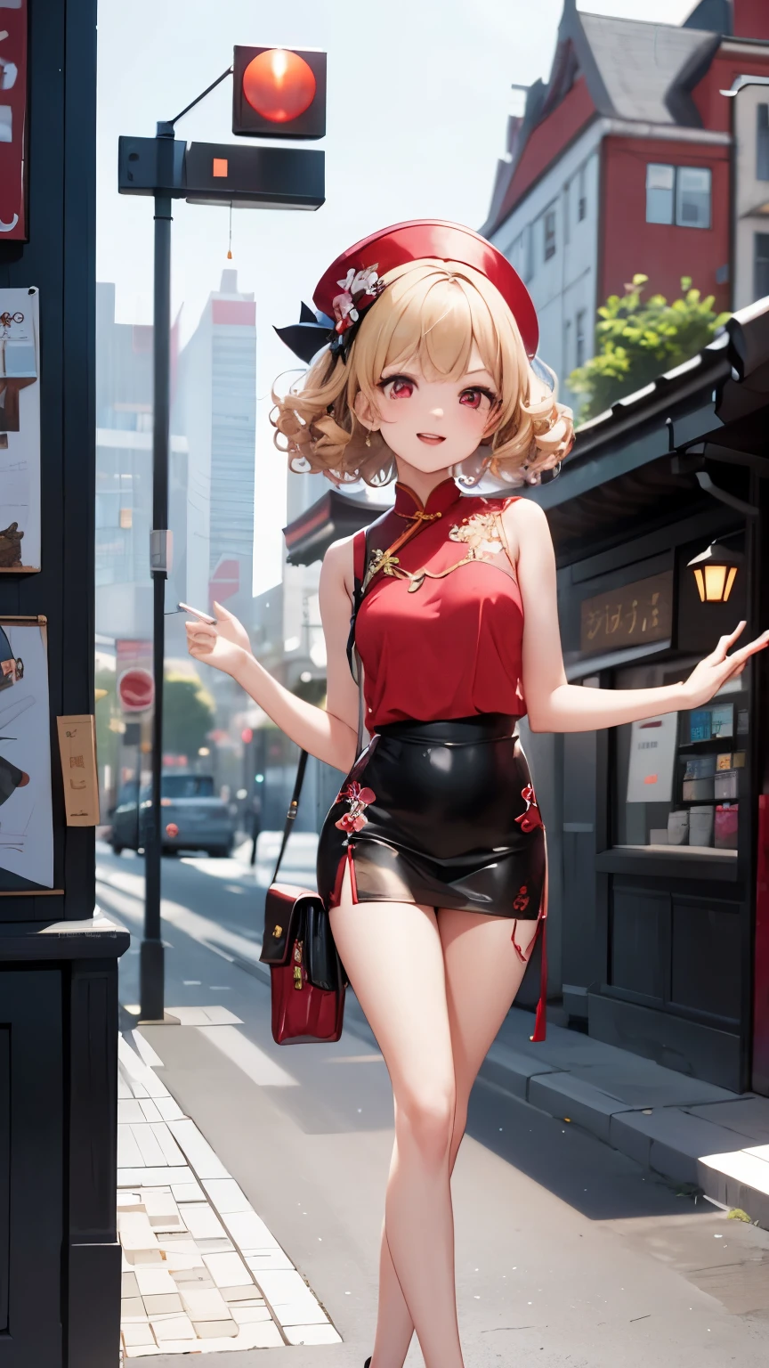 masterpiece、　highest quality、　high detail、　anime style、　small breasts、　slim figure、　sexy、　cute、　front、　whole body、　Standing picture、　blonde、　loose perm、　bob、　red eyes、　sparkling eyes、　red cheongsam、　black pantyhose、　red pumps、　bewitching smile、 background（oriental、cityscape）、