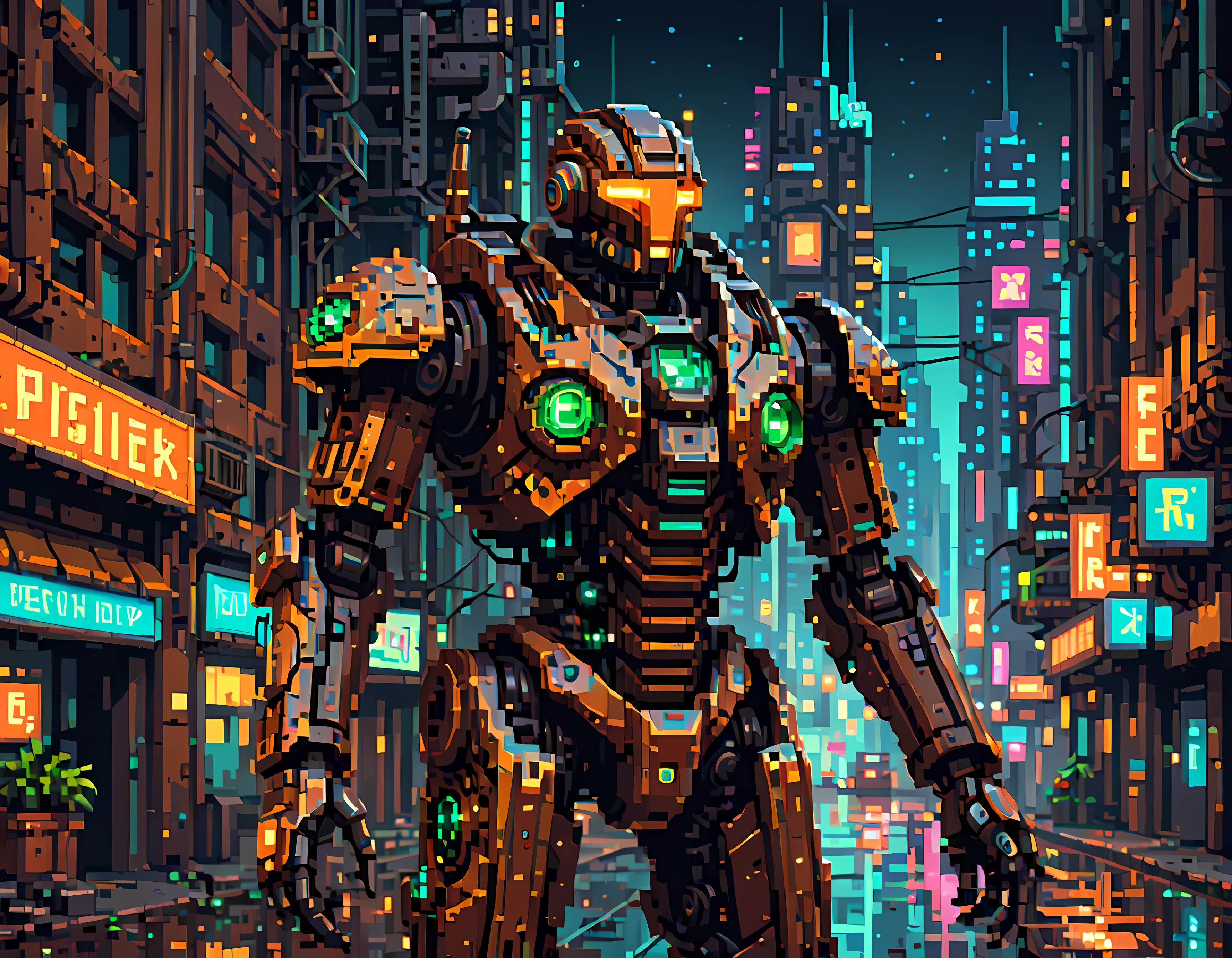 Pixel art, a vast mech graveyard under a starry moonlit sky, abandoned war machines lie in disrepair, battered and rusted, rows of broken mechs, nature intermingling with metal, a sense of melancholy and nostalgia, masterpiece in maximum 16K resolution, superb quality. | ((More_Detail))