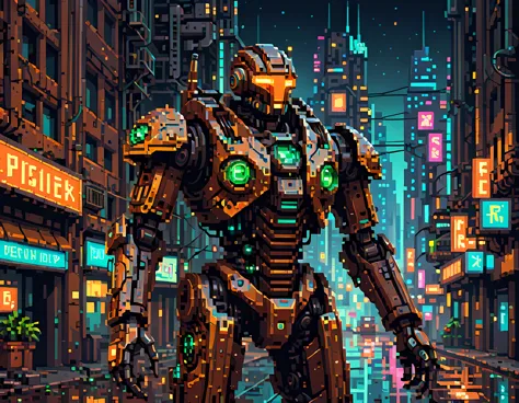 Pixel art, the abandoned mechanoid with a weathered and rusted metallic body, its intricate design blends art deco influences wi...