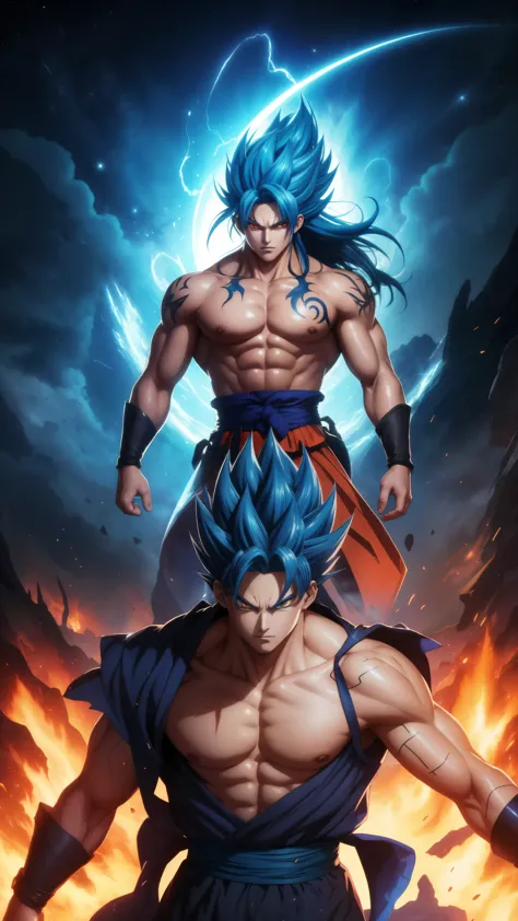 ''Get ready for a visual feast with Goten having a handsome face and piercing red eyes, glowing blue hair and tattoo, well-propo...