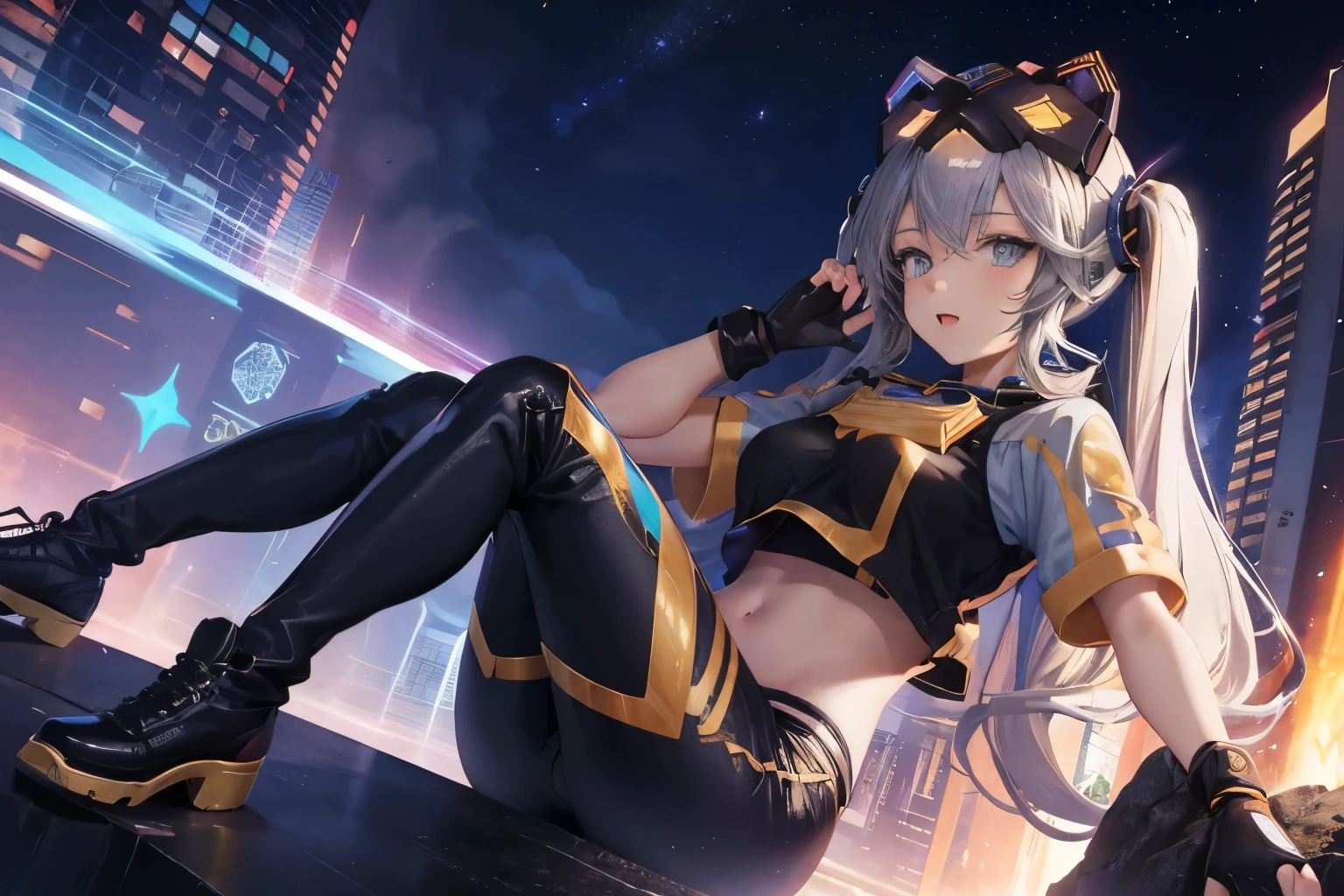 one girl, solo, masterpiece, epic, anime, wizard, mountain, night, cosmic, spellbook, colorful, energy, ip1, 1girl, cat mask, crop top, tight pants, twintails, short sleeves, gloves