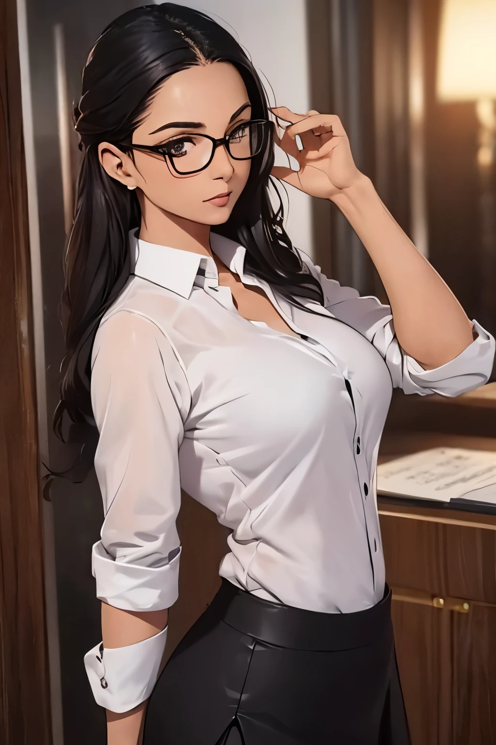 (masterpiece, best quality, detailed illustration, high resolution), ((1girl, solo)), ((huge breasts, slim waist, long legs, fit body, toned body)), ((hair tied, black hair)), ((glasses)), ((secretary, black skirt, white shirt)), ((full body, closeup view)), ((standing)), ((looking at the viewer, facing the viewer)), office setting, ((tan skin, tanned skin)), oiled skin