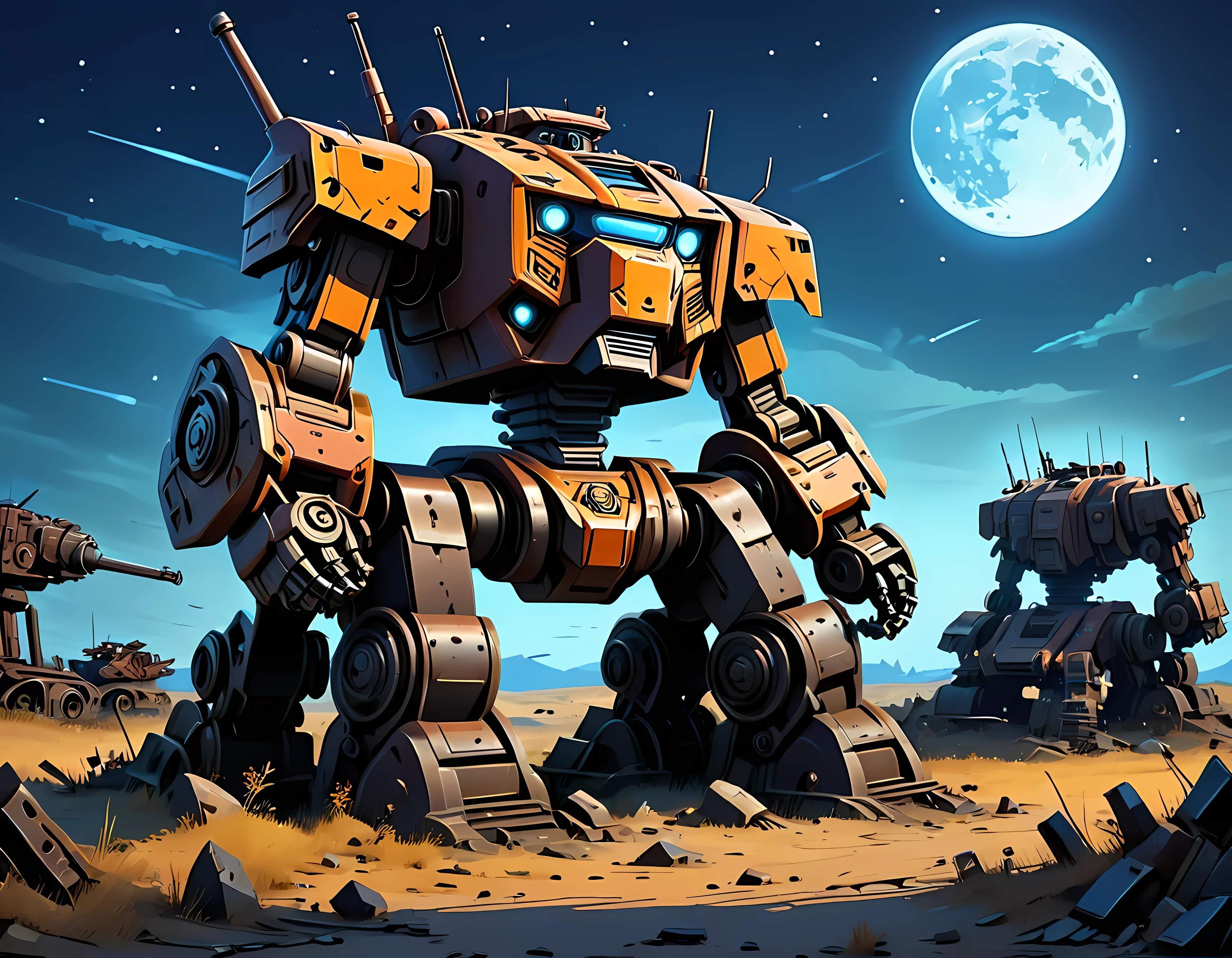 Pixel art, a vast mech graveyard under a starry moonlit sky, abandoned war machines lie in disrepair, battered and rusted, rows of broken mechs, nature intermingling with metal, a sense of melancholy and nostalgia, masterpiece in maximum 16K resolution, superb quality. | ((More_Detail))