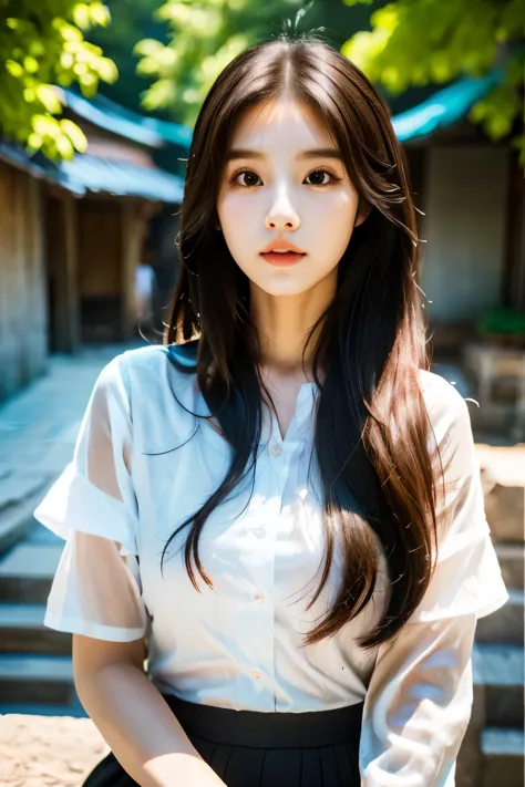 there is a woman with long hair wearing a white shirt, ulzzang, korean girl, heonhwa choe, sakimichan, xintong chen, sun yunjoo,...