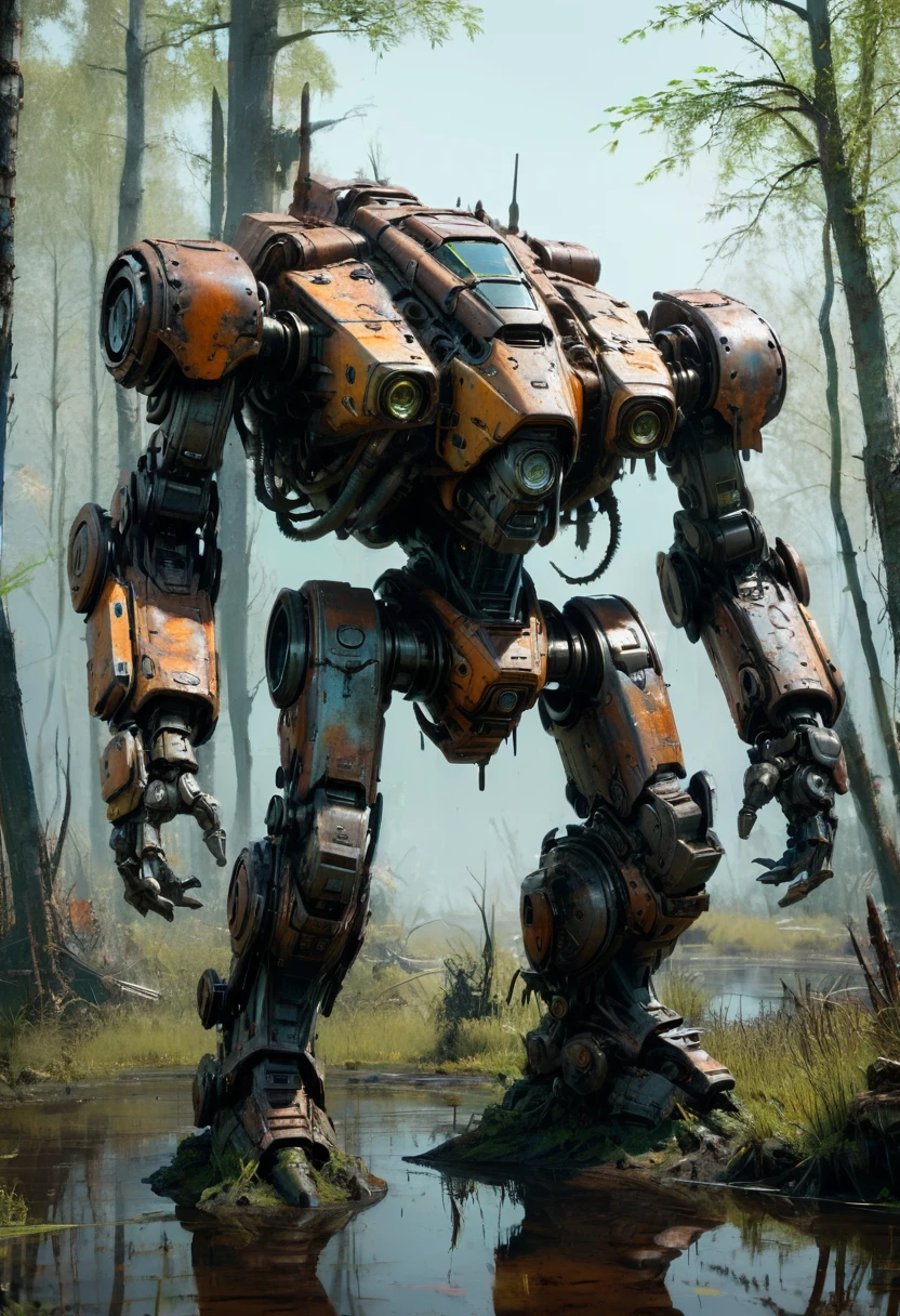 Abandoned Mech, plants on Mech body, park, (best quality, masterpiece, Representative work, official art, Professional, Ultra intricate detailed, 8k:1.3)