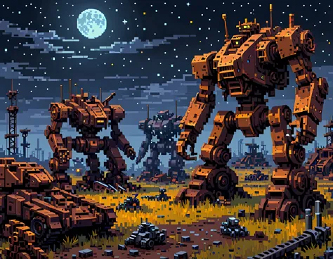 Pixel art, a vast mech graveyard under a starry moonlit sky, abandoned war machines lie in disrepair, battered and rusted, rows ...