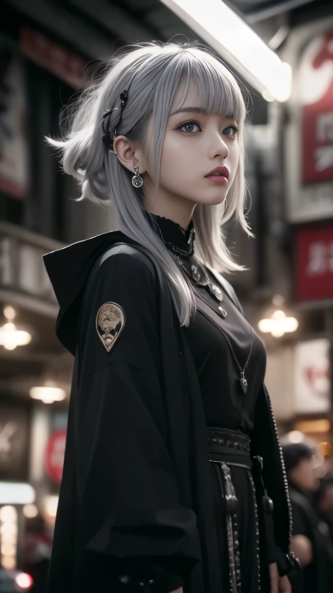 highest quality, masterpiece,gray hair, silver hair、gold eyes,gothic punk costume、look up, Upper body,hair bundle,Fair skin,(Realism:11.5、realistic、Photoreal)、black、earrings、amount、gothic skirt、goth_punk, one woman、独奏, short hair,  ((midnight、neon town)),  look at the audience, short hair, cute face、portrait, side lock、masterpiece、highest quality、Highest image quality、highest resolution、Super detailed、Super exquisite、Realistic texture face and body、smaller chest:1.3、thin waist、deep red lipstick、Swollen eyes、red eyeshadow、dynamic pose、