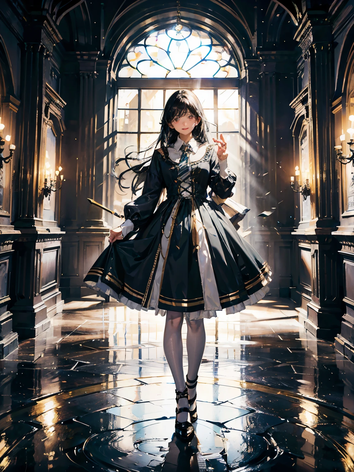 masterpiece, disorganized, incredibly disorganized, very detailed, highest quality, costume, have, knee high, whole body, 1 girl, alone, black hair, light smile, looking at the viewer, detailed background, Are standing, at the castle, night, dramatic lighting, 