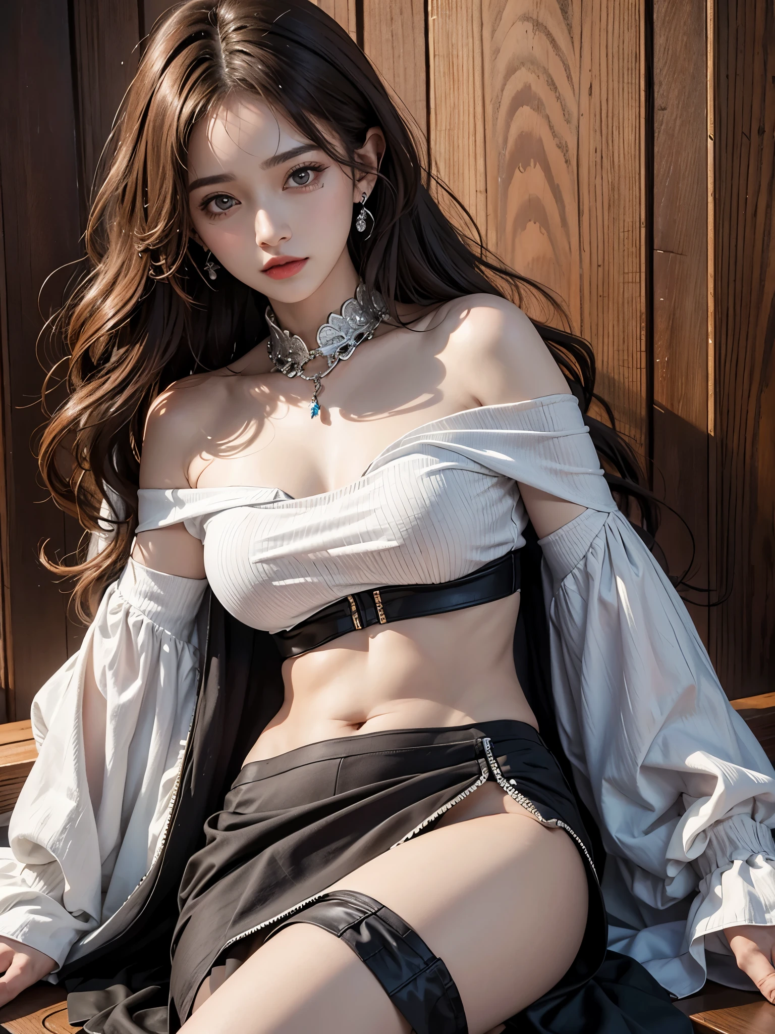 lifelike, high resolution, 1 female, adult, alone, look at the audience, (Detailed face), curls, long hair, oversized clothes, mini skirt, off shoulders, Navel exposed, short hem, 