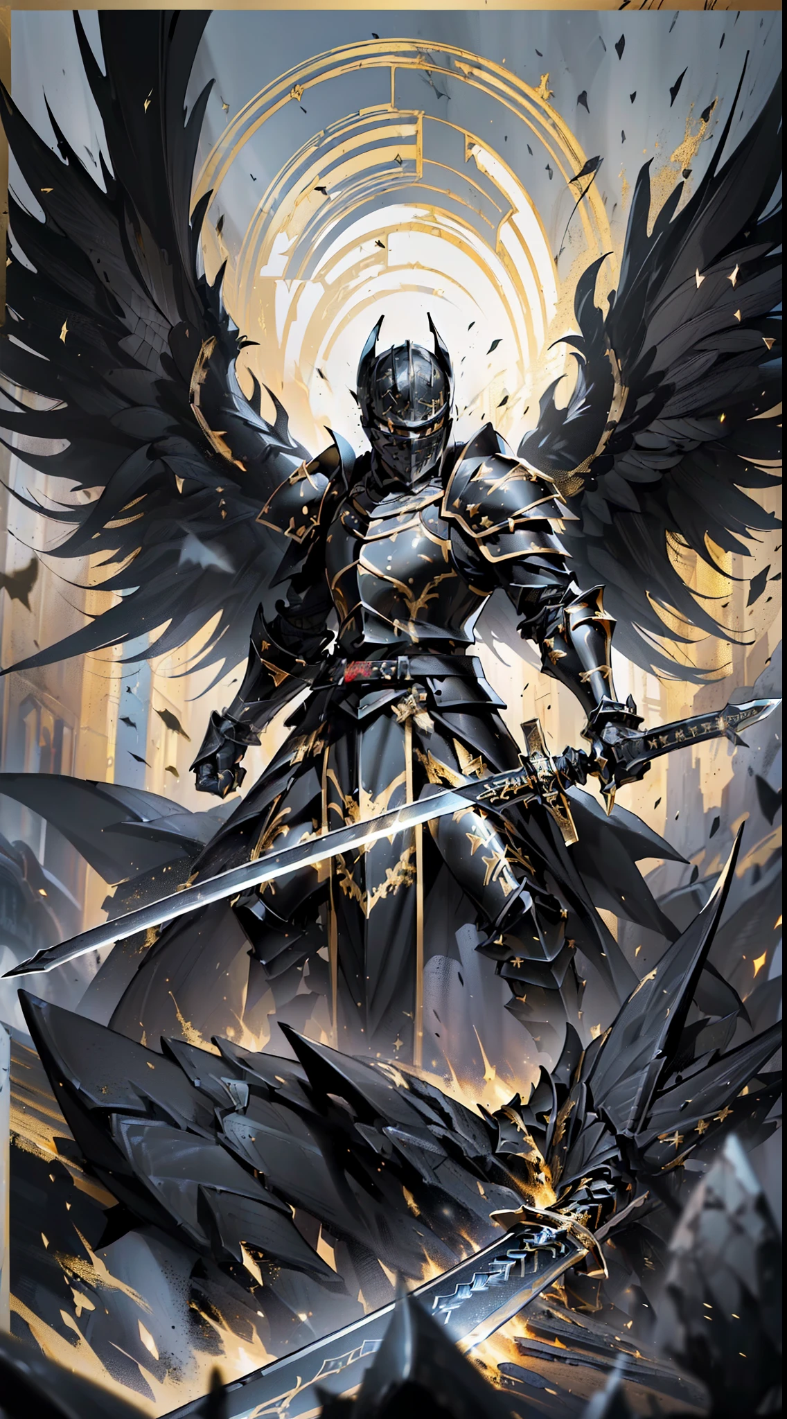 A painting of a man with wings and a sword in his hand SeaArt AI