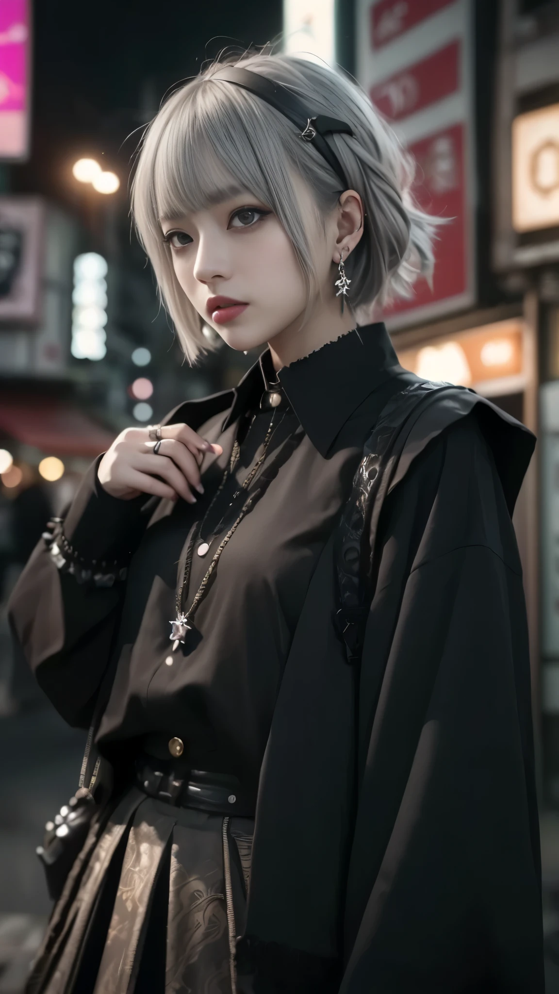 highest quality,high resolution、High resolution、( masterpiece),gray hair, silver hair、gold eyes,gothic punk costume、look up, Upper body,hair bundle,Fair skin,(Realism:1.5、realistic、Photoreal)、black、earrings、amount、gothic skirt、goth_punk, one woman、独奏, short hair,  ((midnight、neon town)),  look at the audience, short hair, portrait, side lock、masterpiece、highest quality、最high resolution、最High resolution、Super detailed、Super exquisite、Realistic texture face and body、larger breasts:1.3、thin waist、deep red lipstick、Swollen eyes、red eyeshadow、dynamic pose、