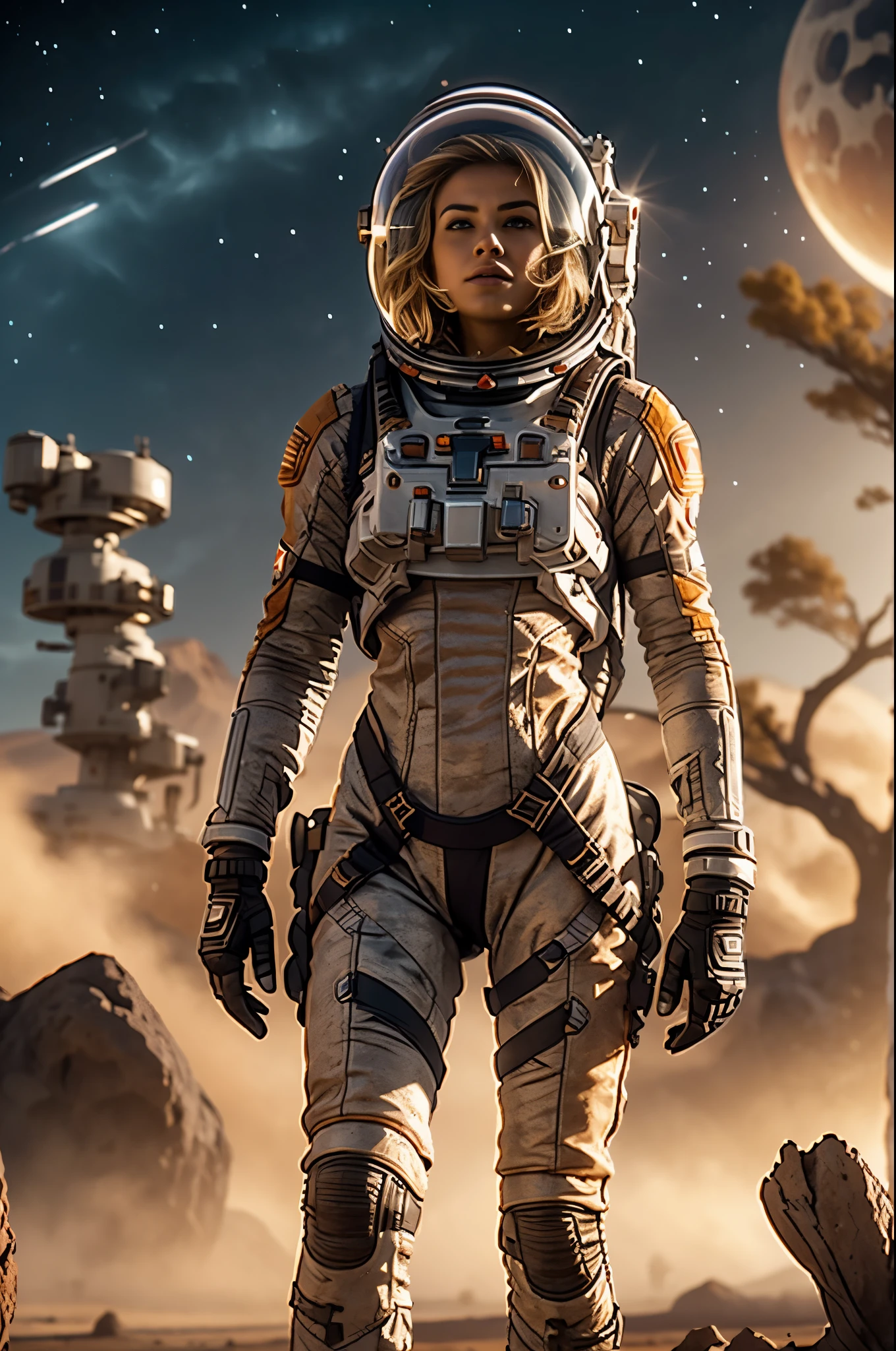 Masterpiece, forbiden planet landscape, swampland, solitary female astronaut, a beautiful 25 years old european blonde woman, radio dish antenna, Electric Purple, utility belt, Metallic Gray Zinc, sci-fi, ultra high res.photorealistic, 16k, UHD, HDR, the best quality, body-tight suit, intricate, the most fantastic details, cinematic composition, dramatic lighting, full body, celestial bodies in the sky, dead trees, dry bushes, realistic reflections, sunset,  to scale, , sad, dynamic posture,  a military compound in the background