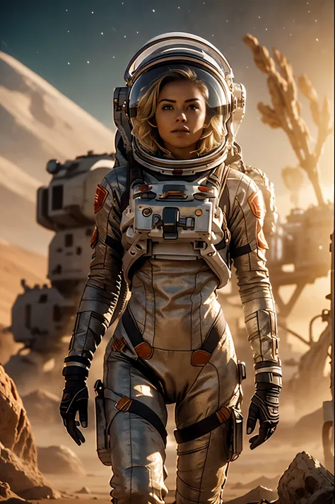 Masterpiece, alien landscape, swampland, solitary female astronaut, beautiful european 25 years old blonde woman, radio dish ant...