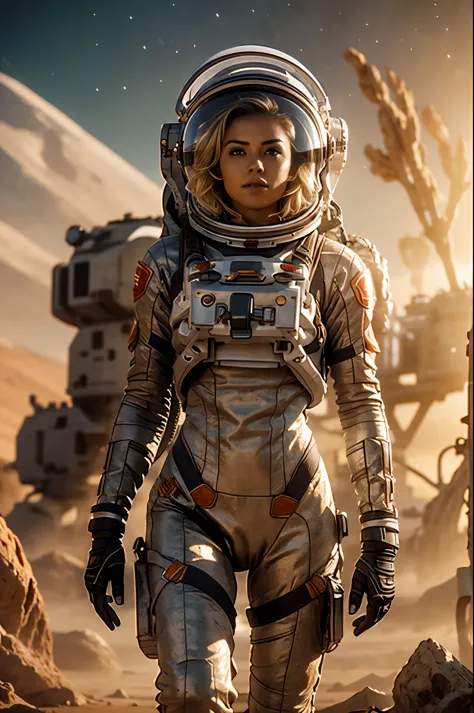 masterpiece, alien landscape, swampland, solitary female astronaut, beautiful european 25 years old blonde woman, radio dish ant...