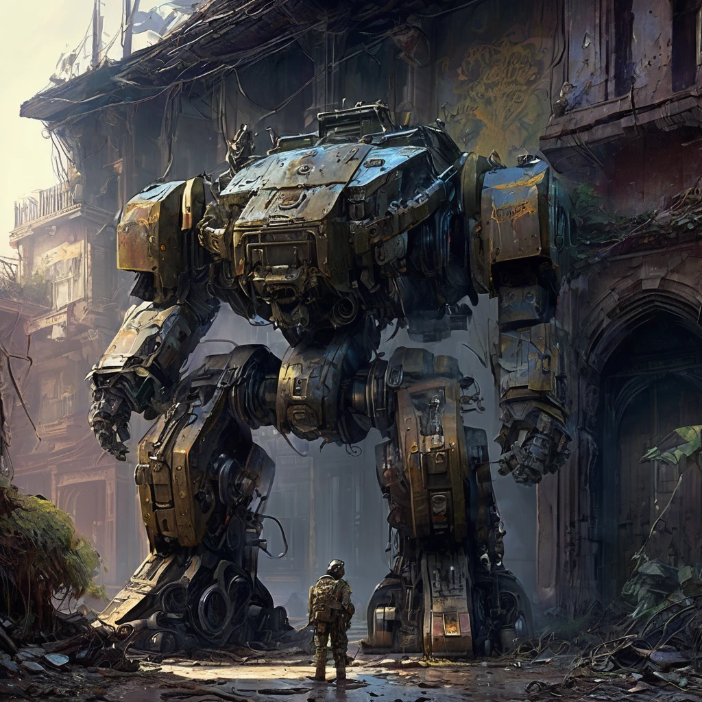 Abandoned Mech, aesthetic, extremely detailed, eye catching, drab, St Helliers Boys Home.....abandoned 50 years ago....old school books littering the floor ..mildew, massive hulking partly human cyborg beast abandoned postapocalyptic wasteland Hyper-detailed masterpiece by Joe Fenton Tracy J. Butler Brian Kesinger WLOP Wadim Kashin Ismail Inceoglu Jordan Grimmer splash art watercolor dark and gritty, Epic cinematic brilliant stunning intricate meticulously detailed dramatic atmospheric maximalist digital matte painting