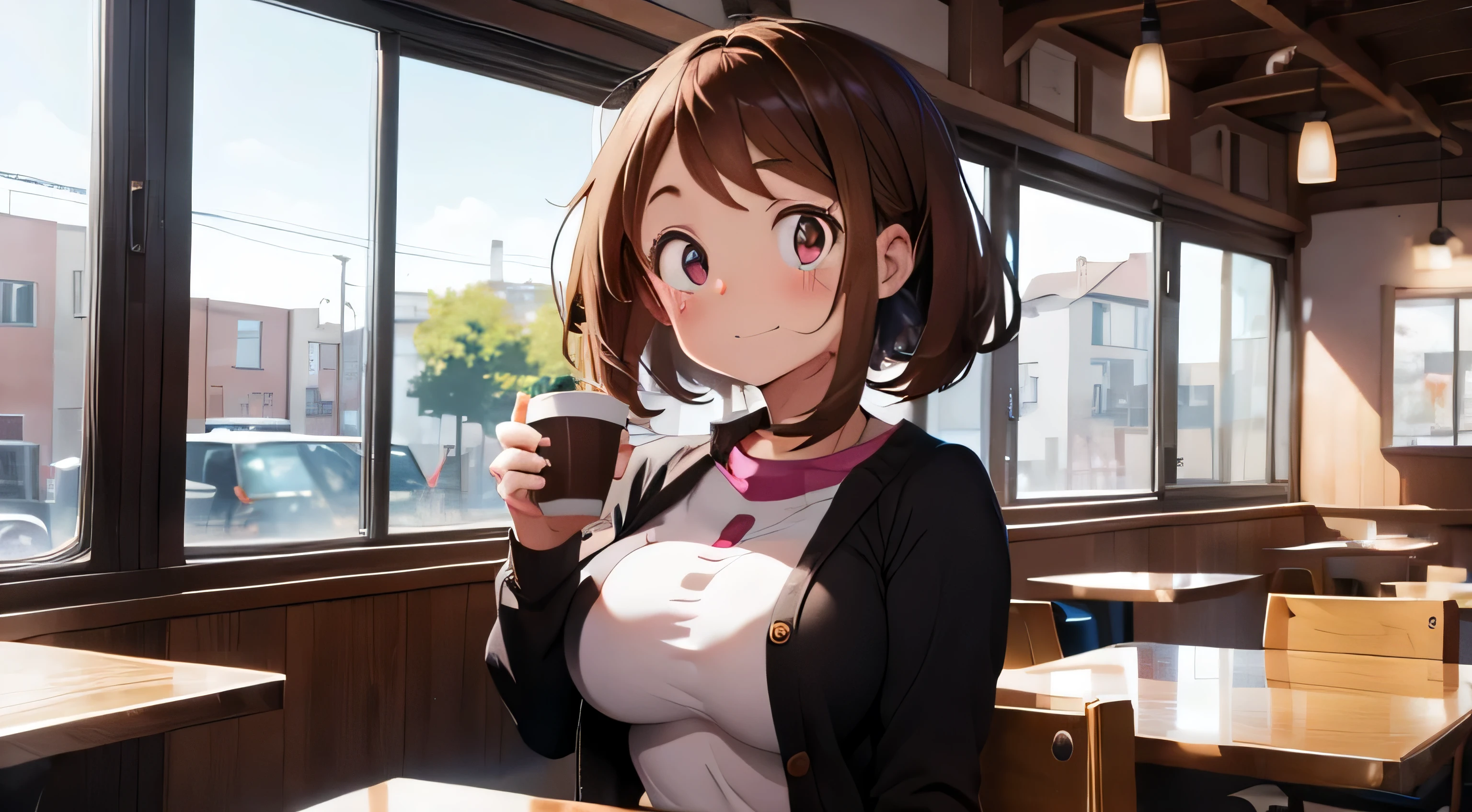 Anime girl in a restaurant holding a cup of coffee - SeaArt AI