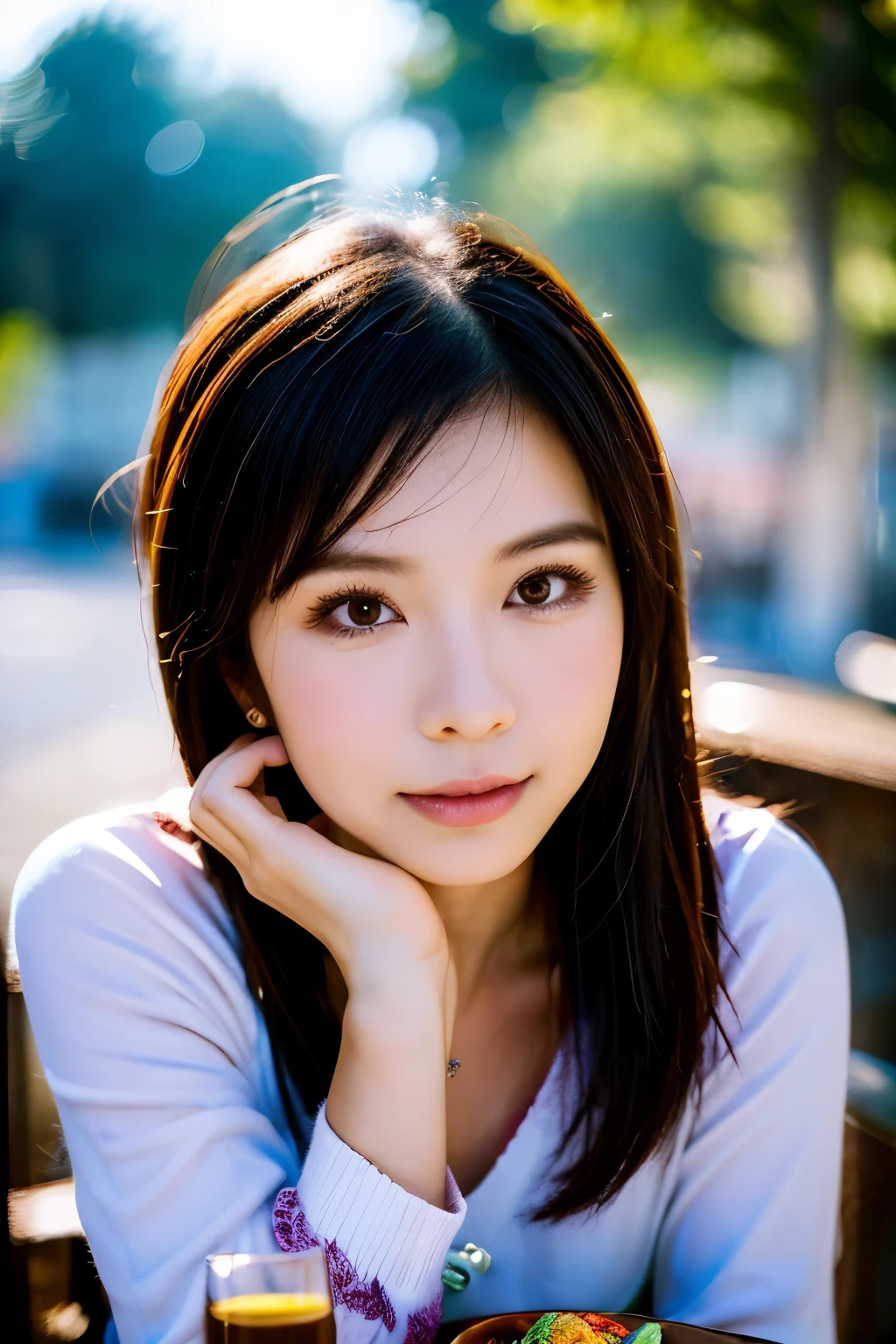 there is a woman sitting at a table with her hand on her chin, with short hair, 🤤 girl portrait, mai anh tran, headshot profile picture, a young asian woman, captured on canon eos r 6, sakimi chan, anime thai girl, joy ang, shot with sigma f/ 4.2, shot with sigma f / 4. 2