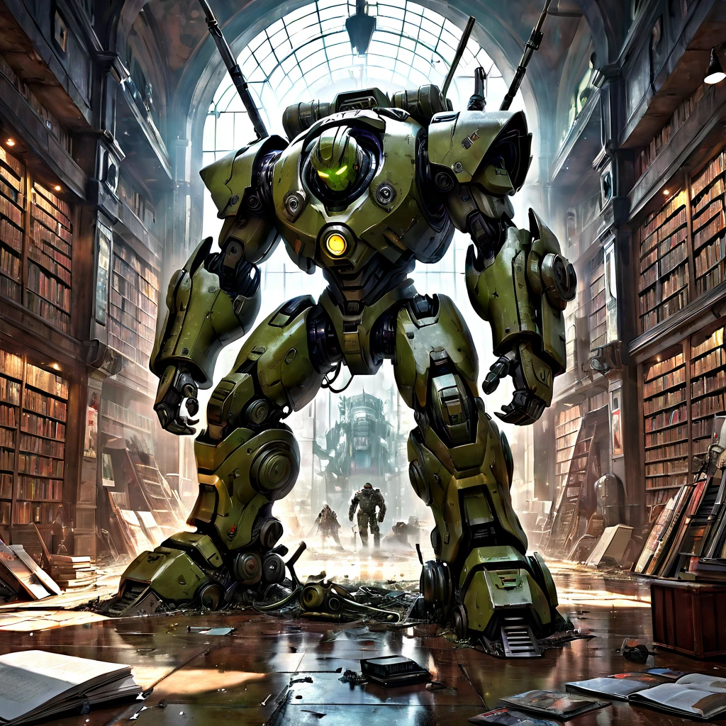 Abandoned Mech, aesthetic, extremely detailed, eye catching, drab, St Helliers Boys Home.....abandoned 50 years ago....old school books littering the floor ..mildew, massive hulking partly human cyborg beast abandoned postapocalyptic wasteland Hyper-detailed masterpiece by Joe Fenton Tracy J. Butler Brian Kesinger WLOP Wadim Kashin Ismail Inceoglu Jordan Grimmer splash art watercolor dark and gritty, Epic cinematic brilliant stunning intricate meticulously detailed dramatic atmospheric maximalist digital matte painting