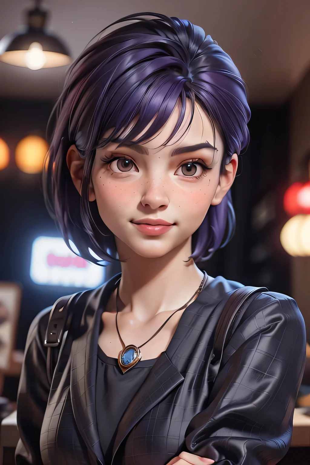 masterpiece, best quality, 3d rending work, 3DMM style, close-up, portrait, 3d, solo, purple hair, necklace, freckles, jewelry, two-tone hair, looking to the side, realistic, upper body, coffee shop and rainy outside background, bangs, looking away, ultra short hair, lips parted, brown eyes, lips, makeup, mole, suit