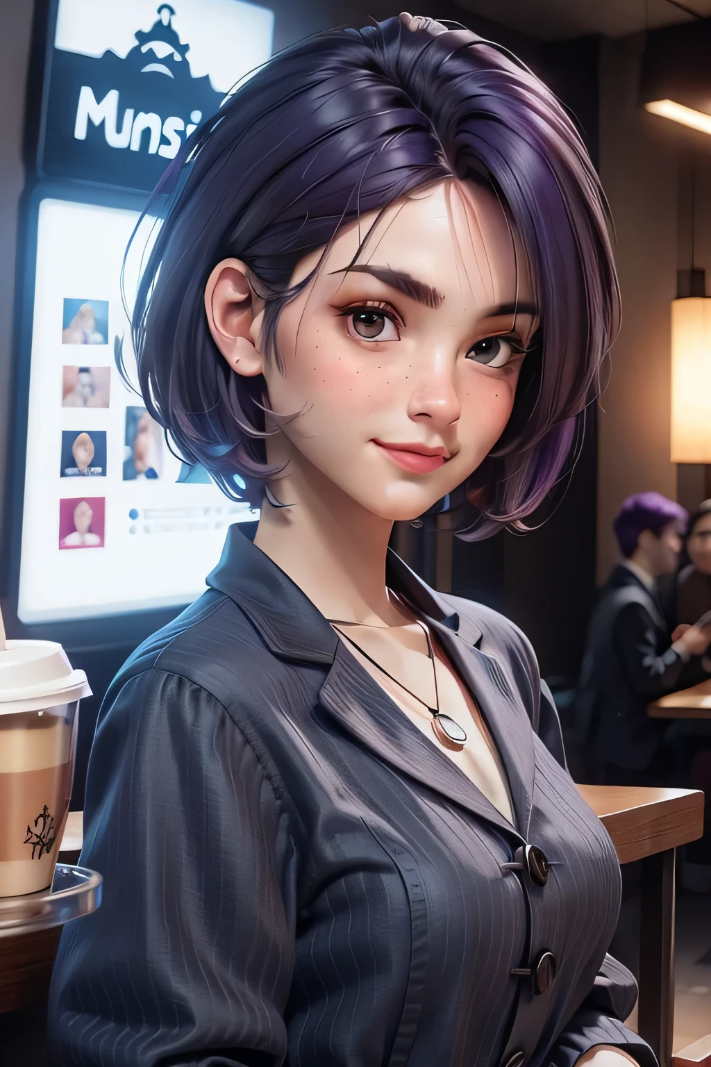 masterpiece, best quality, 3d rending work, 3DMM style, close-up, portrait, 3d, solo, purple hair, necklace, freckles, jewelry, two-tone hair, looking to the side, realistic, upper body, coffee shop and rainy outside background, bangs, looking away, ultra short hair, lips parted, brown eyes, lips, makeup, mole, suit