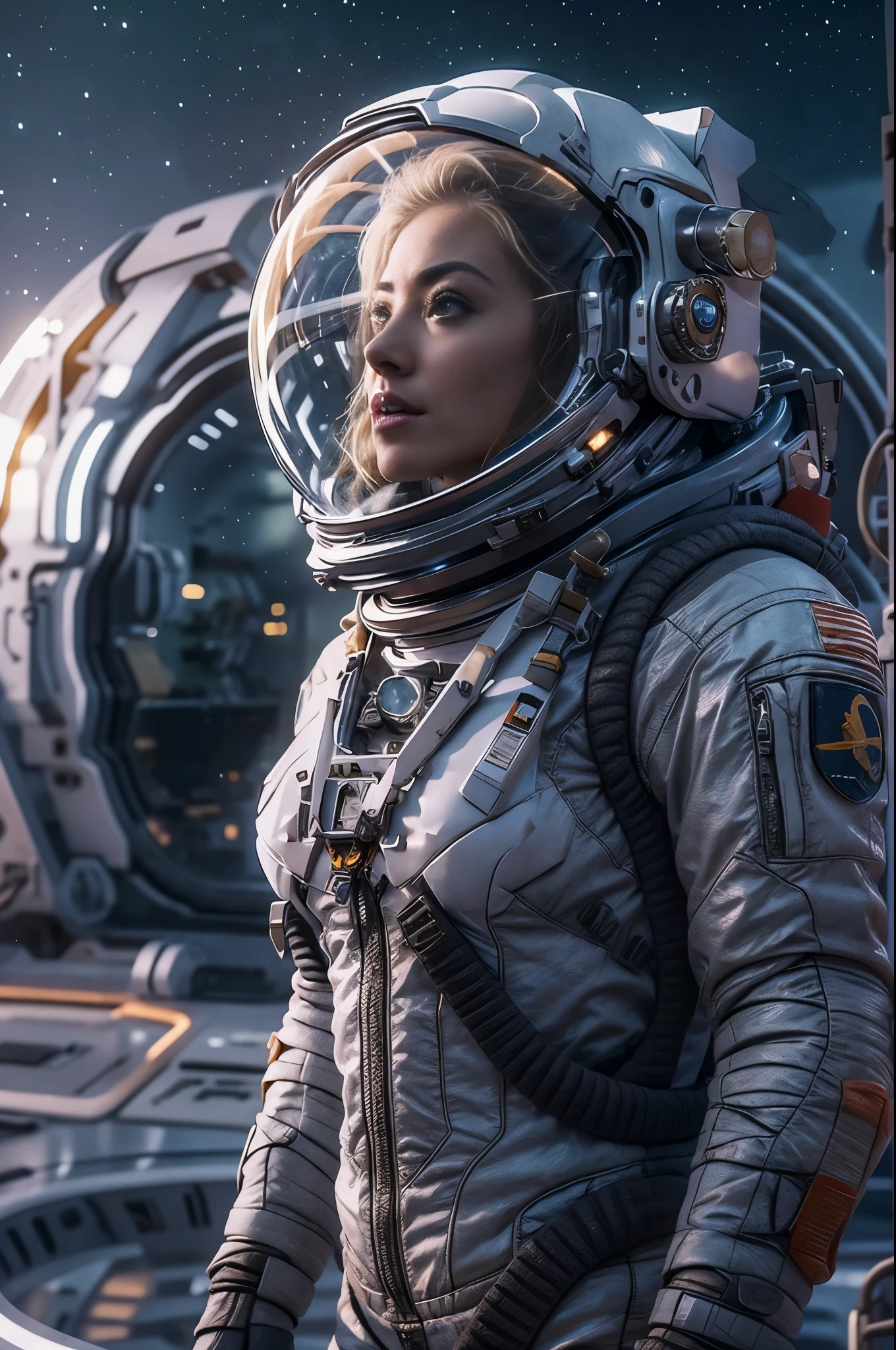 obra maestra, paisaje planetario desolado, mujer astronauta solitaria, una hermosa mujer rubia europea, Espacio y estrellas, Atmósfera eléctrica,  cinturón de herramientas, Zinc gris metalizado, ciencia ficción, resolución ultraalta.Fotorrealista, 16k, HD, hdr, la mejor calidad, traje de astronauta ajustado al cuerpo, Intrincado, los detalles más fantásticos, CRUDO, iluminación dramática, cuerpo completo, naves espaciales en el cielo, reflexiones realistas, amanecer, to scale, , determinado, postura dinámica, un complejo militar espacial al fondo
