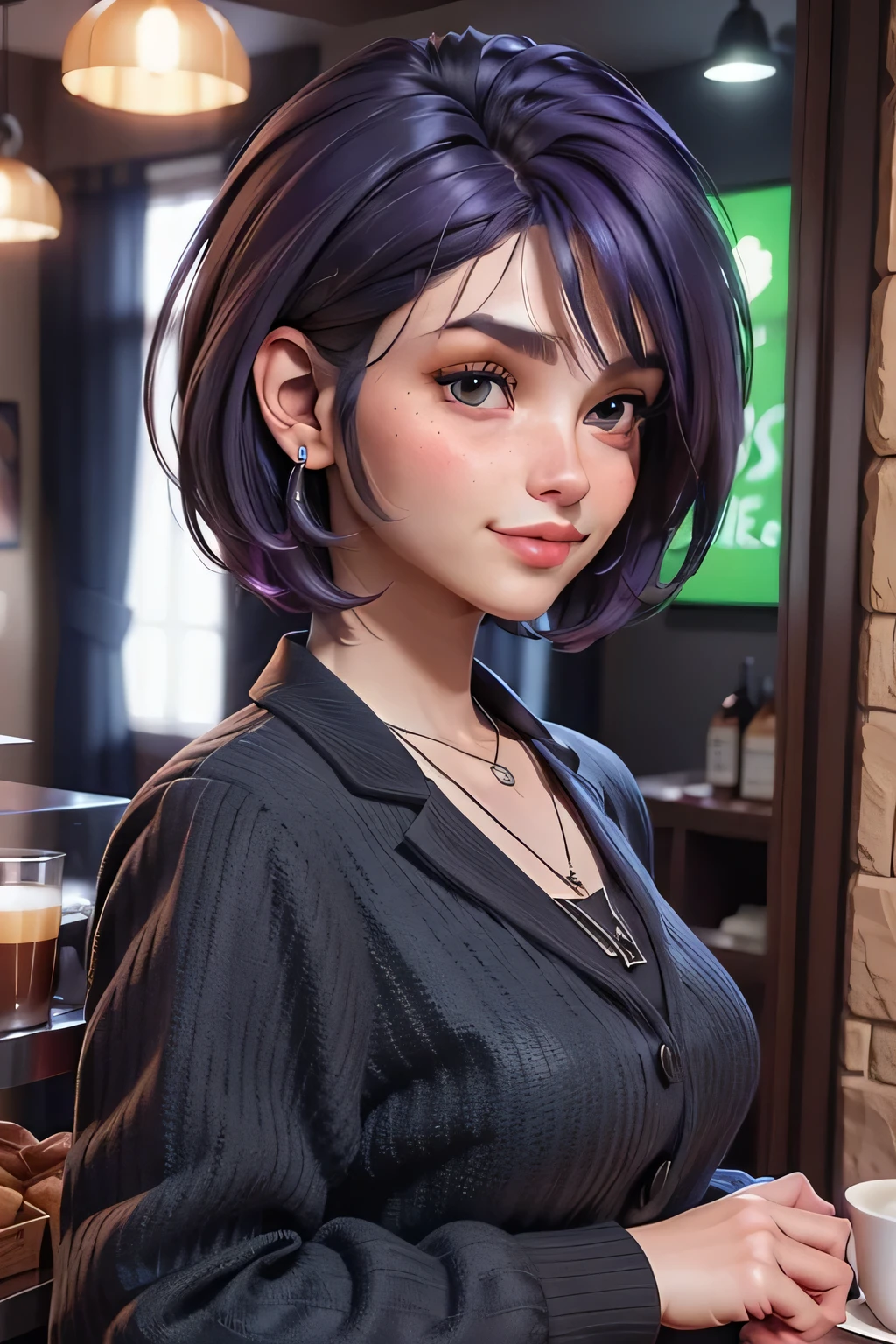 masterpiece, best quality, 3d rending work, 3DMM style, close-up, portrait, 3d, solo, purple hair, necklace, freckles, jewelry, two-tone hair, looking to the side, realistic, upper body, coffee shop and rainy outside background, bangs, looking away, ultra short hair, lips parted, brown eyes, lips, makeup, mole, suit