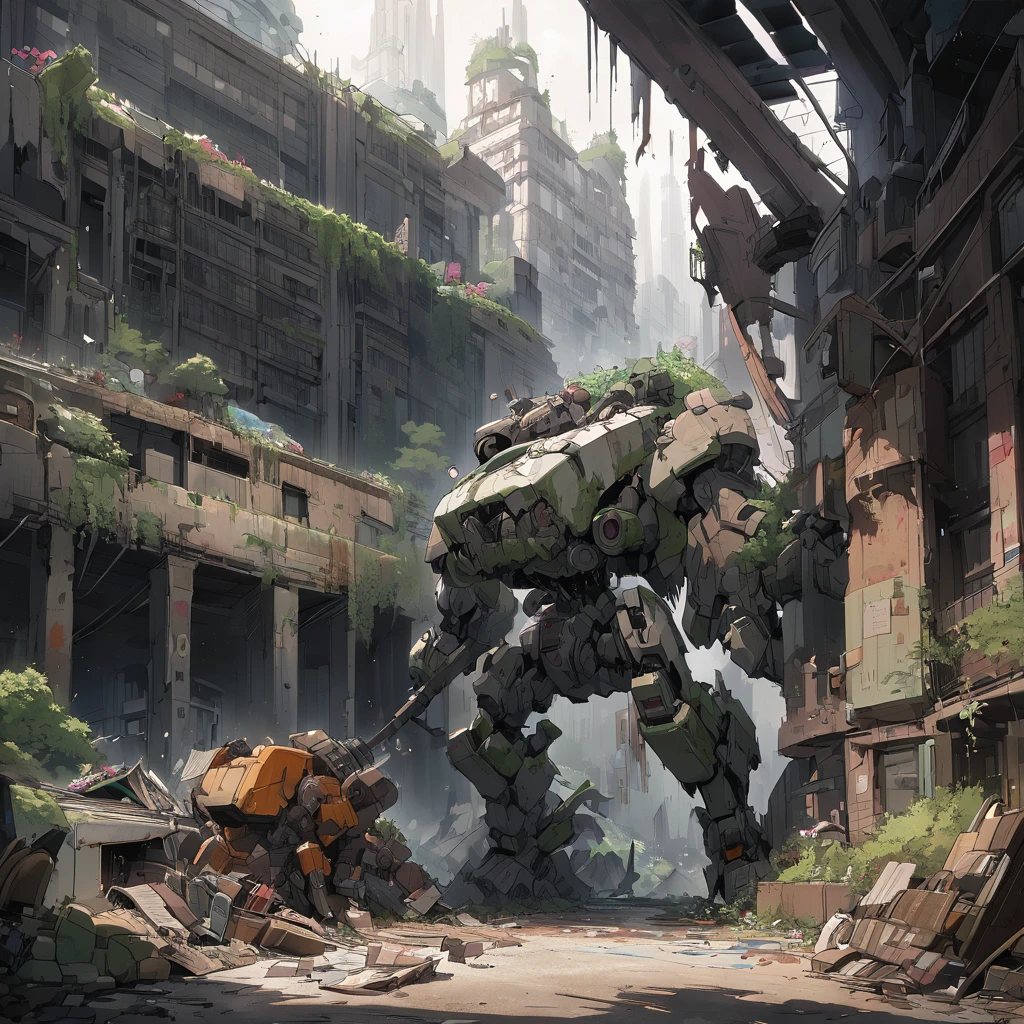 Abandoned Mech, aesthetic, extremely detailed, eye catching, drab, St Helliers Boys Home.....abandoned 50 years ago....old school books littering the floor ..mildew, massive hulking partly human cyborg beast abandoned postapocalyptic wasteland Hyper-detailed masterpiece by Joe Fenton Tracy J. Butler Brian Kesinger WLOP Wadim Kashin Ismail Inceoglu Jordan Grimmer splash art watercolor dark and gritty, Epic cinematic brilliant stunning intricate meticulously detailed dramatic atmospheric maximalist digital matte painting