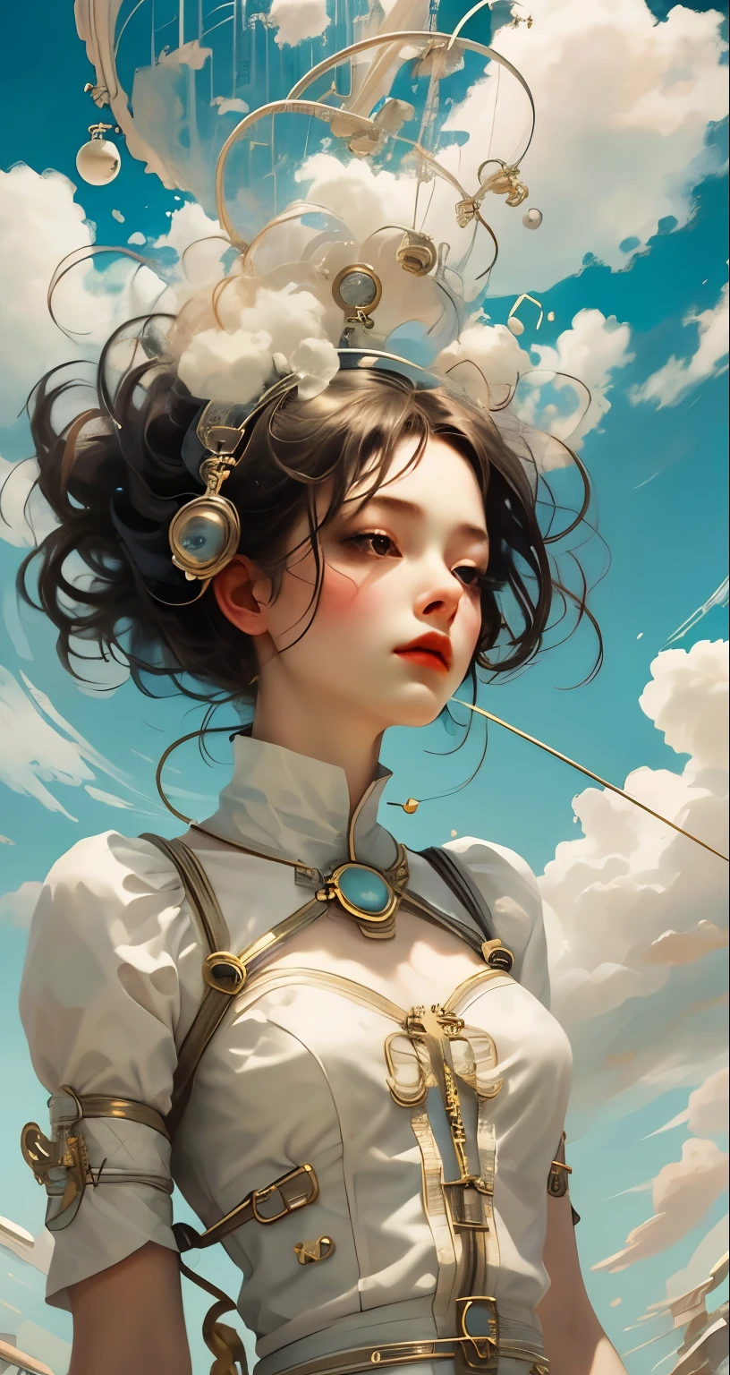 傑作, 最高品質, 静止画, 女の子1人, 空に浮かぶ, 雲 girl, 雲, (閉じる:1.1), 明るい, ハッピー, 喜び, やわらかい光, (バウハウス, 形, ワイヤー, 抽象的な:1.1)，着用とバックのみ