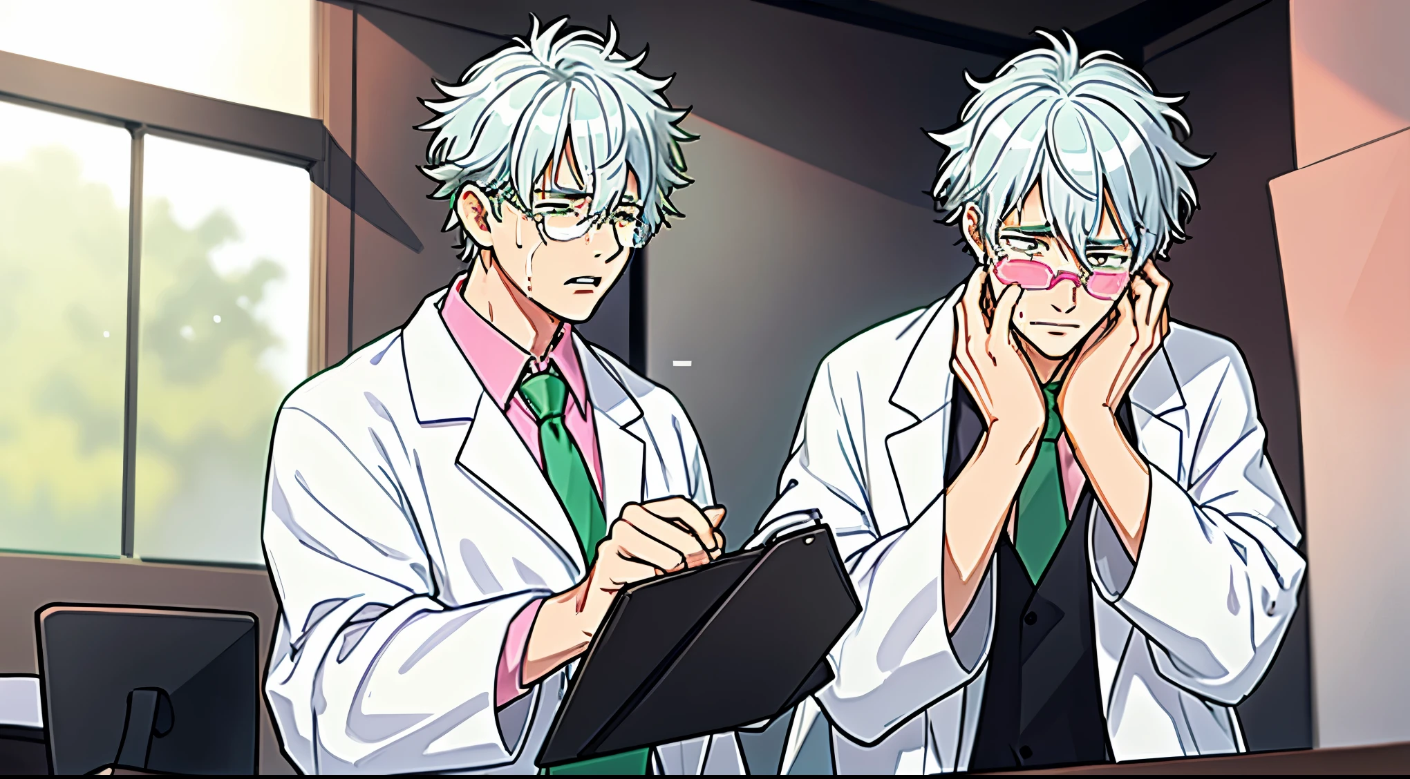 Silver-haired guy wearing medical glasses, wearing a white lab coat and black and pink shirt with a green tie, he is crying, tears flowwing from his eyes as he removes his medical glasses and rubbs his eyes