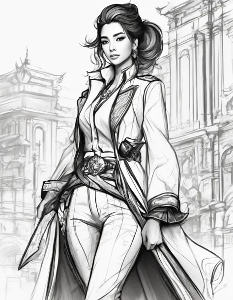 character concept design, line art，Clothing model，High-quality illustrationeticuloso，pencil drawing，pen painting，