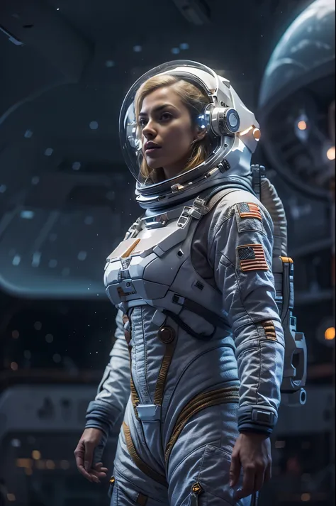 masterpiece,  a beautiful 25 years old european solitary blonde woman astronaut,  desolated planet landscape, space and stars, e...