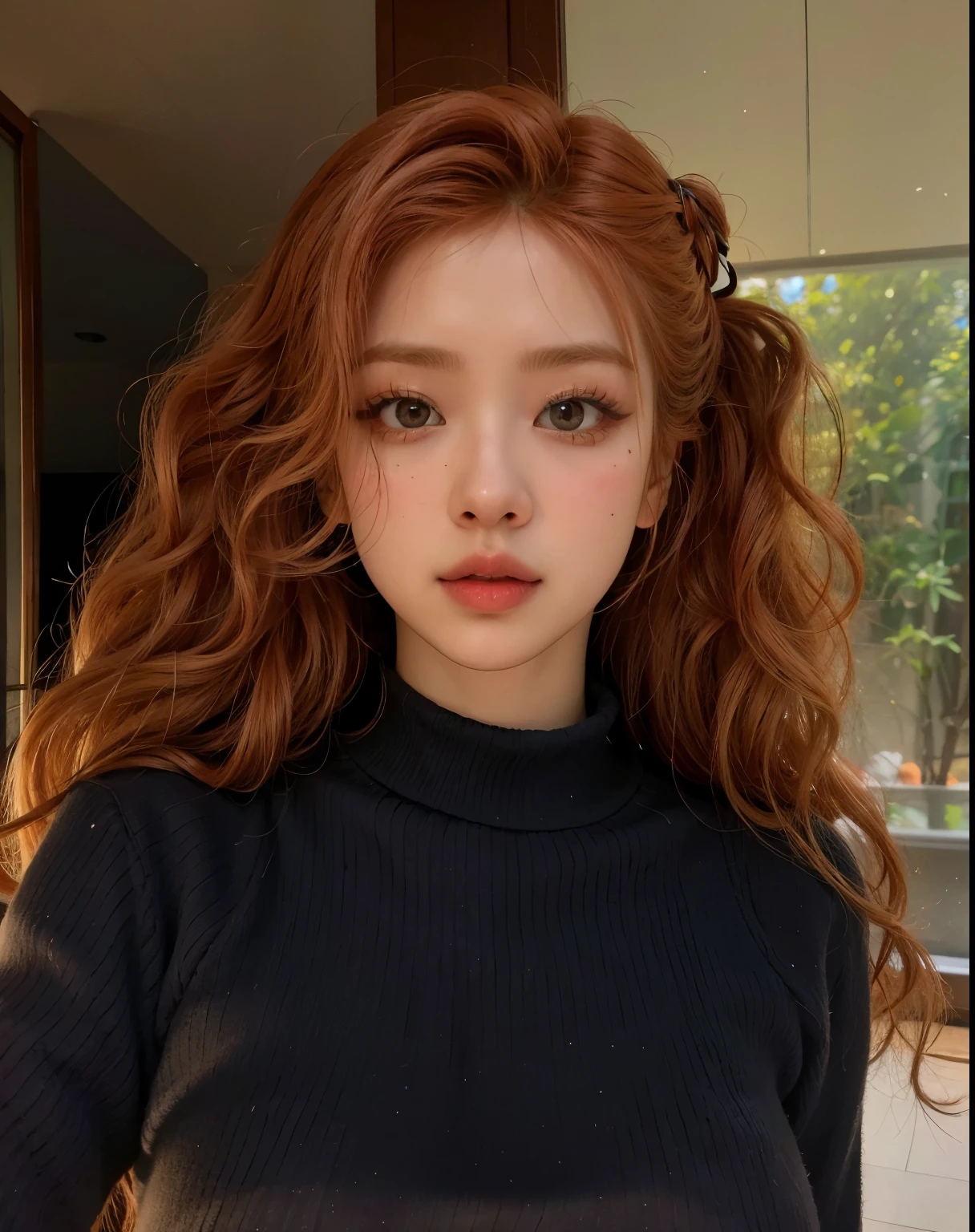 A close up of a woman with long red hair wearing a black top - SeaArt AI