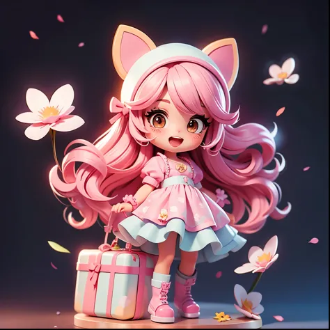 Pink room，坐在gift box上、cute girl,whole body、long hair-, pink iridescent hair,boots,open mouth，bright smile、kawaii pose、flowing ir...