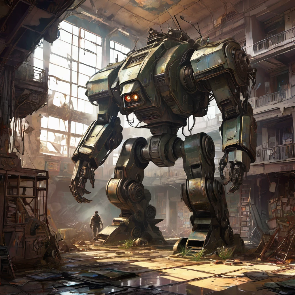 Abandoned Mech, aesthetic, extremely detailed, eye catching, drab, St Helliers Boys Home.....abandoned 50 years ago....old school books littering the floor ..mildew, massive hulking partly human cyborg beast abandoned postapocalyptic wasteland Hyper-detailed masterpiece by Joe Fenton Tracy J. Butler Brian Kesinger WLOP Wadim Kashin Ismail Inceoglu Jordan Grimmer splash art watercolor dark and gritty, Epic cinematic brilliant stunning intricate meticulously detailed dramatic atmospheric maximalist digital matte painting