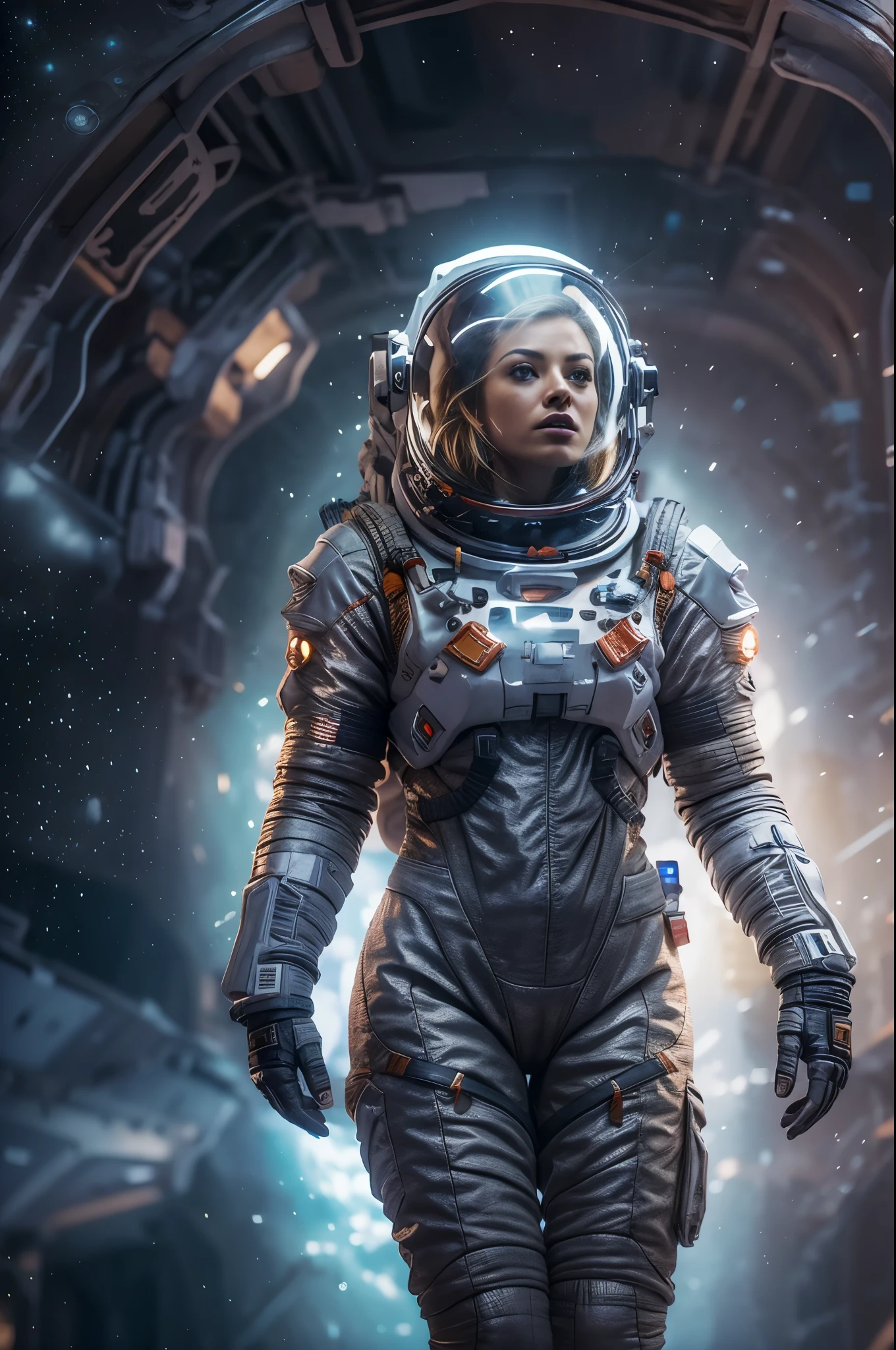 chef-d&#39;œuvre, une belle femme blonde européenne de 25 ans, astronaute solitaire, paysage planétaire désolé, espace et étoiles, ambiance électrique, ceinture utilitaire, Zinc gris métallisé, science-fiction, ultra haute résolution.Photoréaliste, 16k, UHD, HDR, La meilleure qualité, combinaison d&#39;astronaute moulante, complexe, les détails les plus fantastiques, BRUT, Éclairage dramatique, tout le corps, vaisseaux spatiaux dans le ciel, réflexions réalistes, lever du soleil, mettre à l&#39;échelle, , déterminé, Posture dynamique, un complexe militaire spatial en arrière-plan