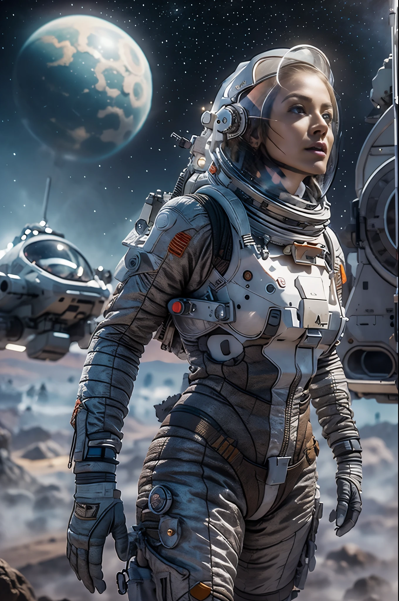 Masterpiece, a beautiful 25 years old european blonde woman, solitary female astronaut, desolated planet landscape, space and stars, electric atmosphere, utility belt, Metallic Gray Zinc, sci-fi, ultra high res.photorealistic, 16k, UHD, HDR, the best quality, body-tight astronaut suit, intricate, the most fantastic details, RAW, dramatic lighting, full body, space ships in the sky, realistic reflections, sunrise, to scale, lonely, determined, dynamic posture, a space military compound in the background