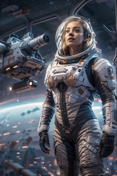 Masterpiece, a beautiful 25 years old european blonde woman, solitary female astronaut, desolated planet landscape, space and st...