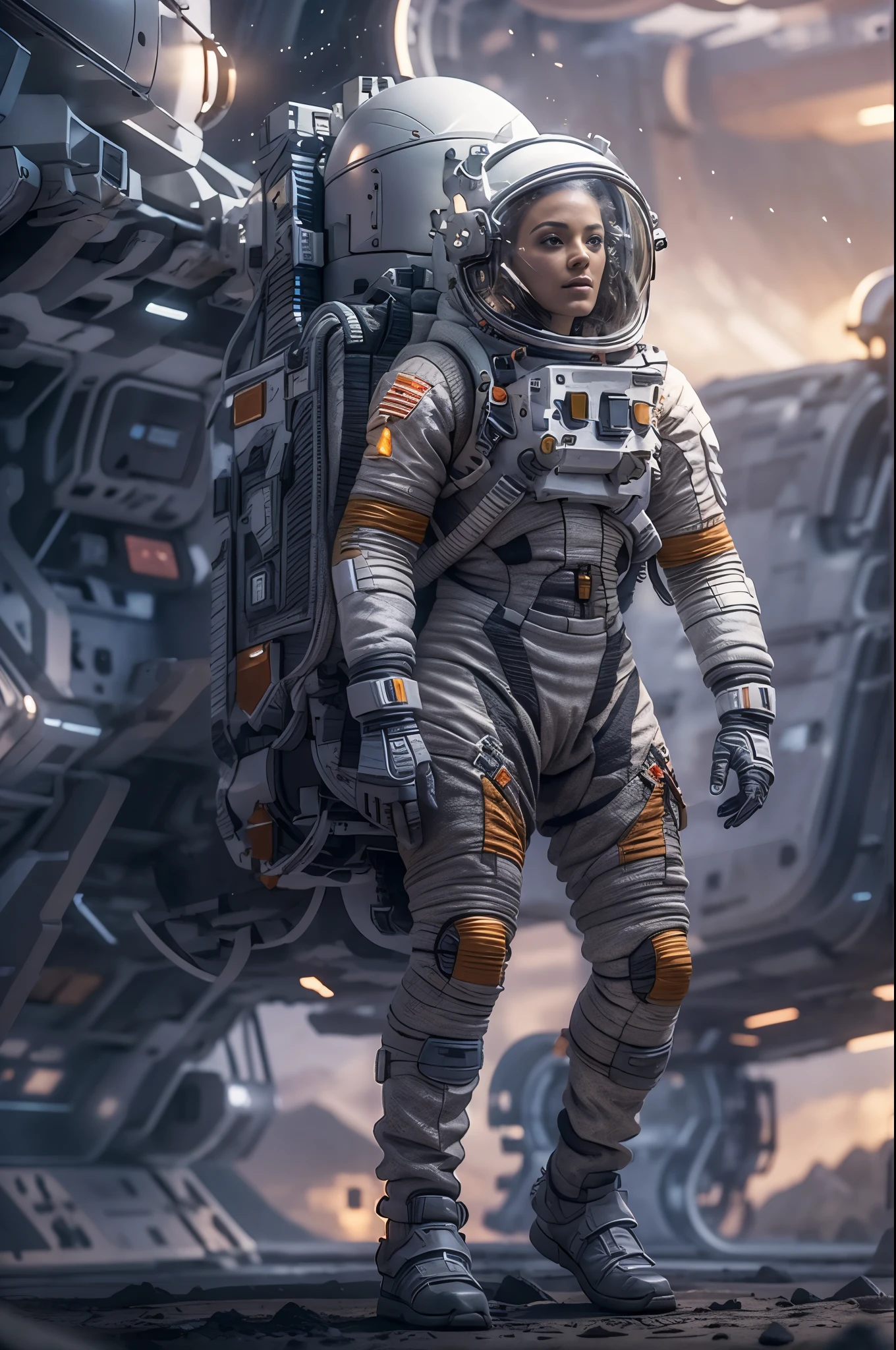 chef-d&#39;œuvre, une belle femme blonde européenne de 2 ans, astronaute solitaire, paysage planétaire désolé, espace et étoiles, ambiance électrique, ceinture utilitaire, Zinc gris métallisé, science-fiction, ultra haute résolution.Photoréaliste, 16k, UHD, HDR, La meilleure qualité, combinaison d&#39;astronaute moulante, complexe, les détails les plus fantastiques, BRUT, Éclairage dramatique, tout le corps, vaisseaux spatiaux dans le ciel, réflexions réalistes, lever du soleil, mettre à l&#39;échelle, , déterminé, Posture dynamique, un complexe militaire spatial en arrière-plan