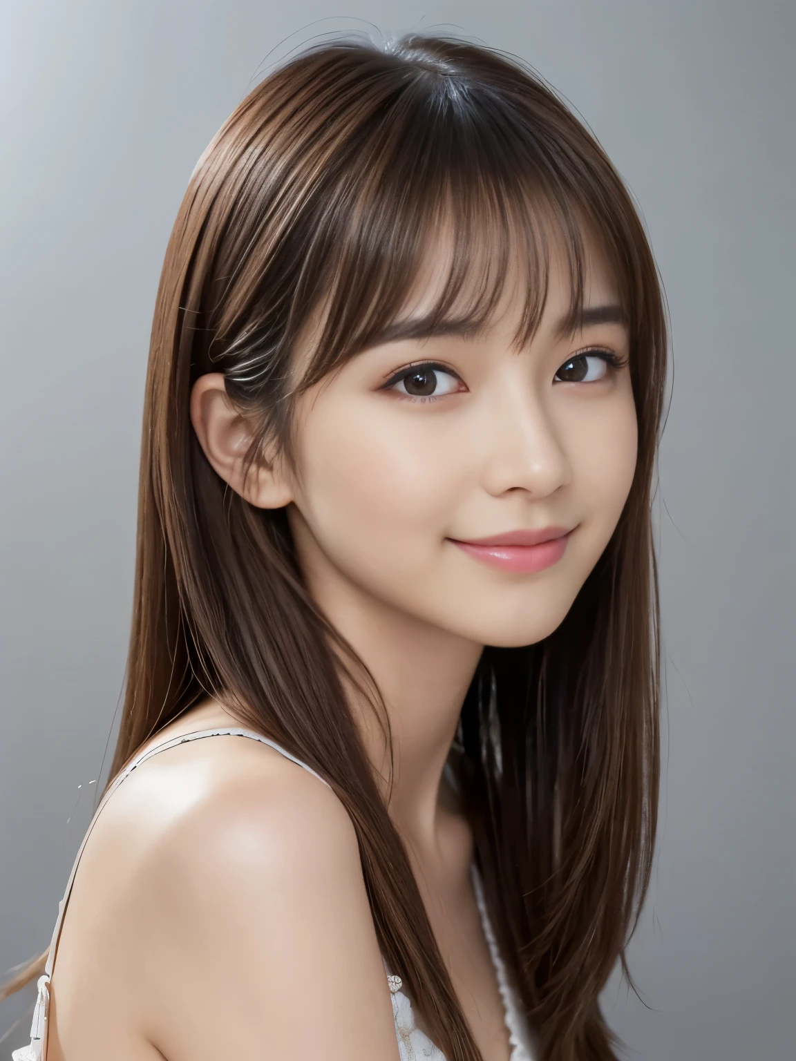 (Meilleure qualité, 8k, 32k, chef-d&#39;œuvre, UHD: 1.3), Jolies photos de femmes japonaises, fille la plus détaillée,19 ans, sourire séduisant, visage ultra détaillé, lèvres détaillées, Beaux yeux, Double paupières, des cheveux châtain clairs, cheveux asymétriques, frange asymétrique, Les cheveux en désordre, plan rapproché, fille la plus détaillée, fond gris,