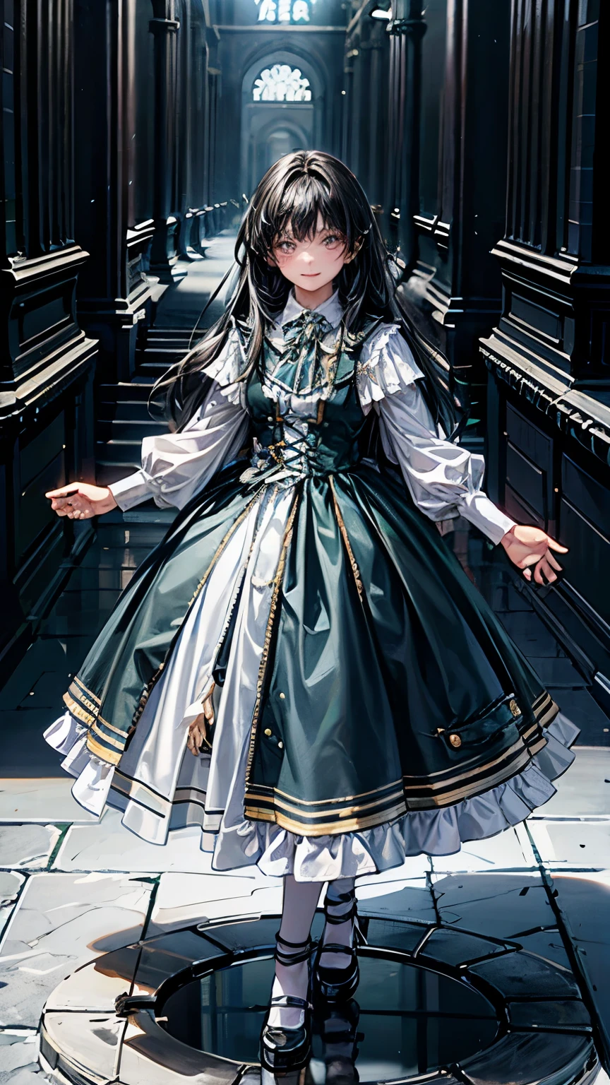 Aim from a little above,masterpiece, confused, incredibly confused, very detailed, highest quality, costume, have, knee high, whole body, 1 girl, alone, black hair, light smile, looking at the viewer, detailed background, Are standing, at the castle, night, dramatic lighting, 
