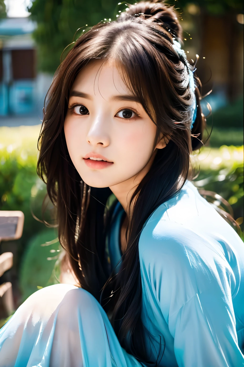 there is a woman with long hair wearing a white and blue shirt, ulzzang, korean girl, heonhwa choe, sakimichan, xintong chen, sun yunjoo, lee ji - eun, lee ji-eun, wenfei ye, jaeyeon nam, park ji-min, jinyoung shin, chiho, yun ling, gongbi