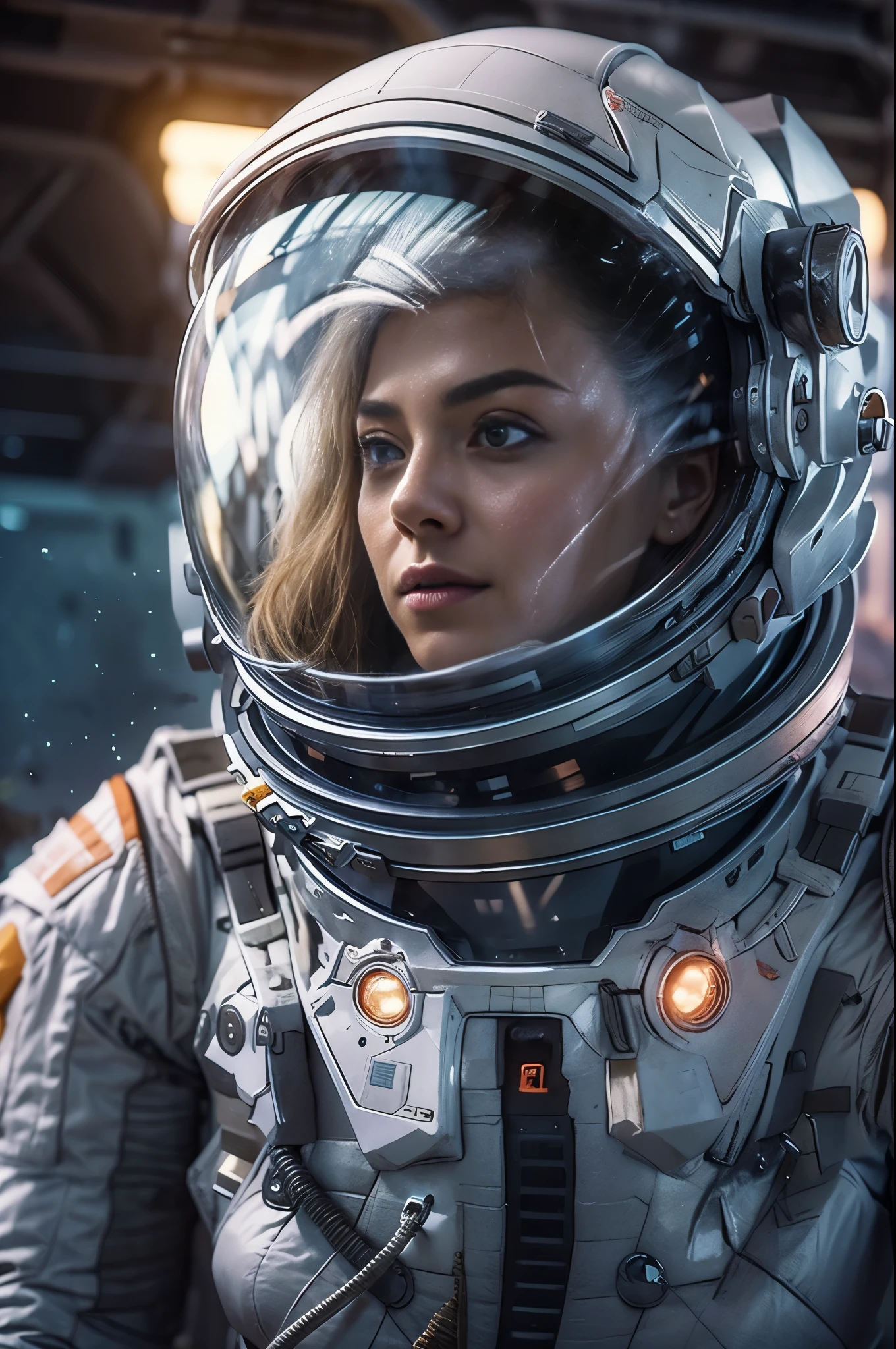 Masterpiece, a beautiful 25 years old German blonde girl, solitary female astronaut, desolated planet landscape, space and stars, electric atmosphere, utility belt, Metallic Gray Zinc, sci-fi, ultra high res.photorealistic, 16k, UHD, HDR, the best quality, body-tight astronaut suit, intricate, the most fantastic details, RAW, dramatic lighting, full body, space ships in the sky, realistic reflections, sunrise, to scale, , determined, dynamic posture, a space military compound in the background