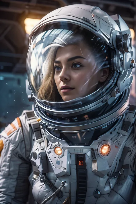 Masterpiece, a beautiful 25 years old German blonde girl, solitary female astronaut, desolated planet landscape, space and stars...