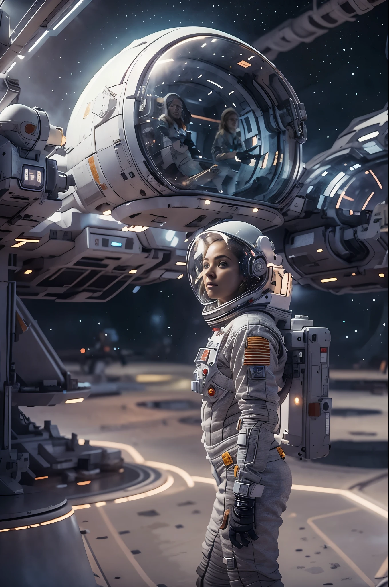 Masterpiece, a beautiful 25 years old German blonde girl, solitary female astronaut, desolated planet landscape, space and stars, electric atmosphere, utility belt, Metallic Gray Zinc, sci-fi, ultra high res.photorealistic, 16k, UHD, HDR, the best quality, body-tight astronaut suit, intricate, the most fantastic details, RAW, dramatic lighting, full body, space ships in the sky, realistic reflections, sunrise, to scale, , determined, dynamic posture, a space military compound in the background