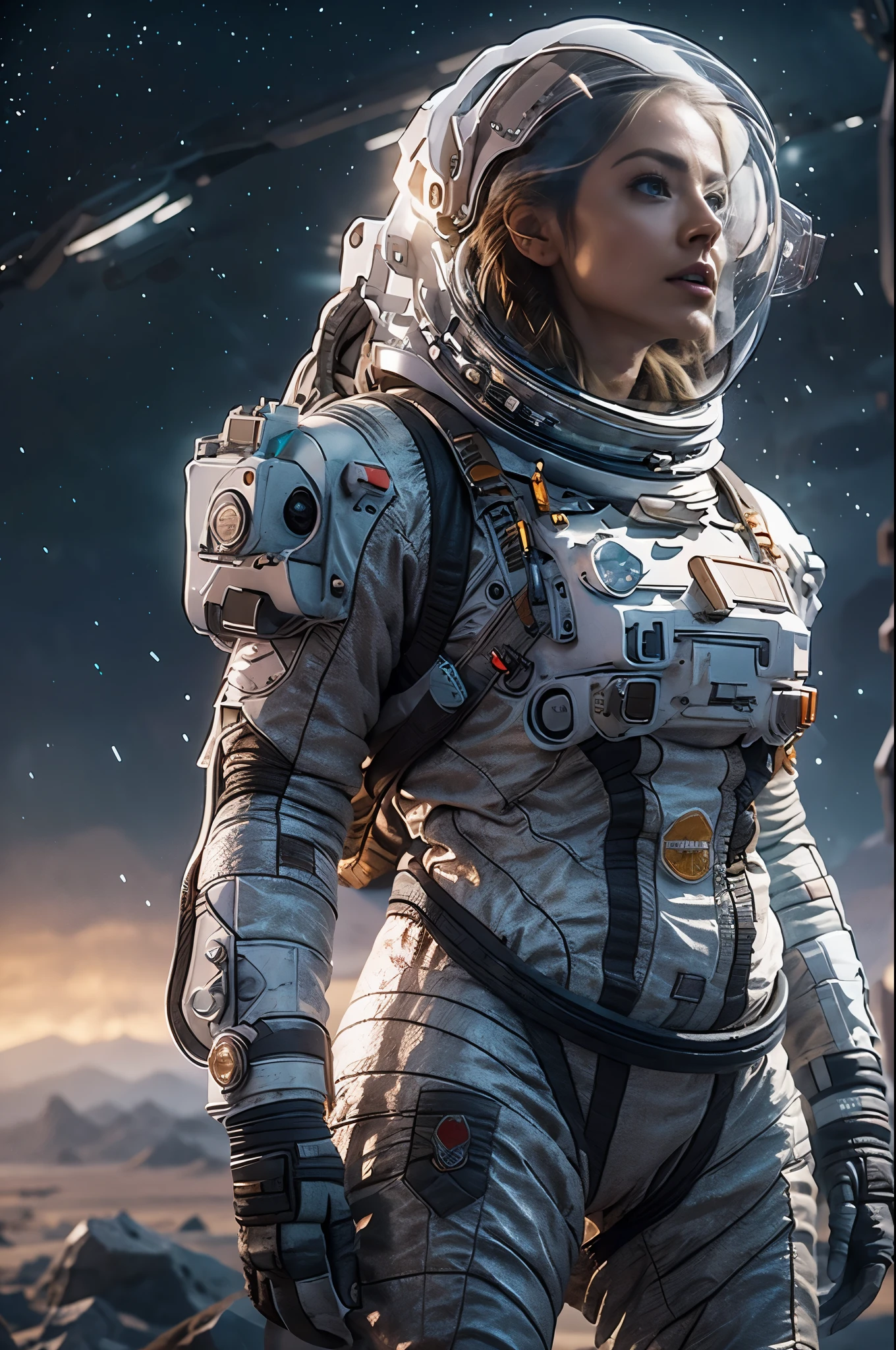 Masterpiece, a beautiful 2 German blonde girl, solitary female astronaut, desolated planet landscape, space and stars, electric atmosphere, utility belt, Metallic Gray Zinc, sci-fi, ultra high res.photorealistic, 16k, UHD, HDR, the best quality, body-tight astronaut suit, intricate, the most fantastic details, RAW, dramatic lighting, full body, space ships in the sky, realistic reflections, sunrise, to scale, , determined, dynamic posture, a space military compound in the background