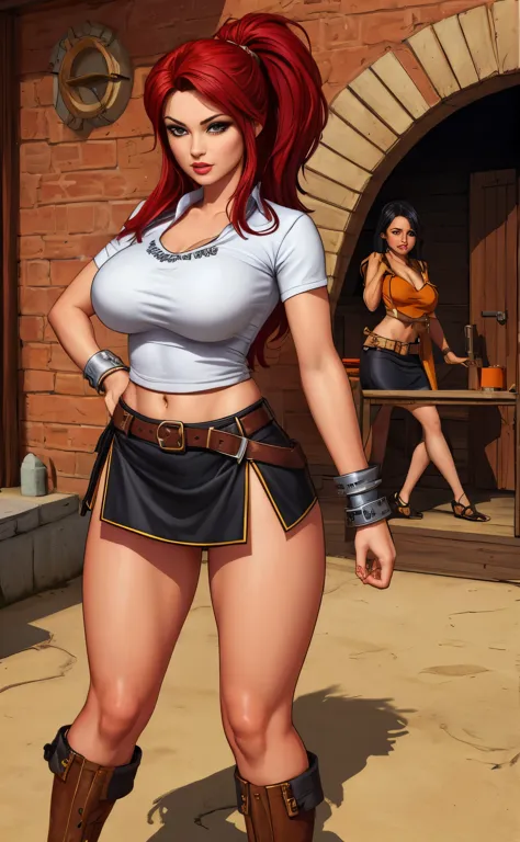 girl, female pirate, miniskirt, red hair, black hair, full body shot, clyde caldwell