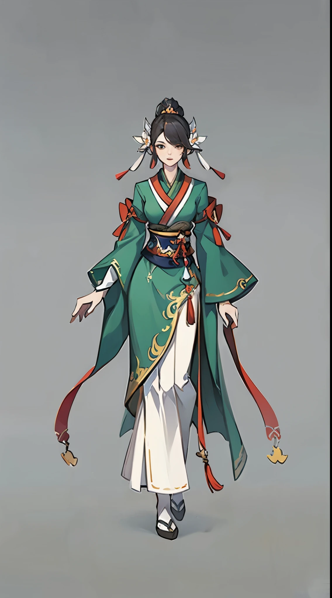 1 female（beautiful face），unique，full body standing painting，solo，Transparent Background，Original character designs from East Asia，Game character costume design，Gorgeous green dress，high detail，color grade，White background，ultra high resolution，sharp focuasterpiece，HD，8k，clear facial features，Clear details