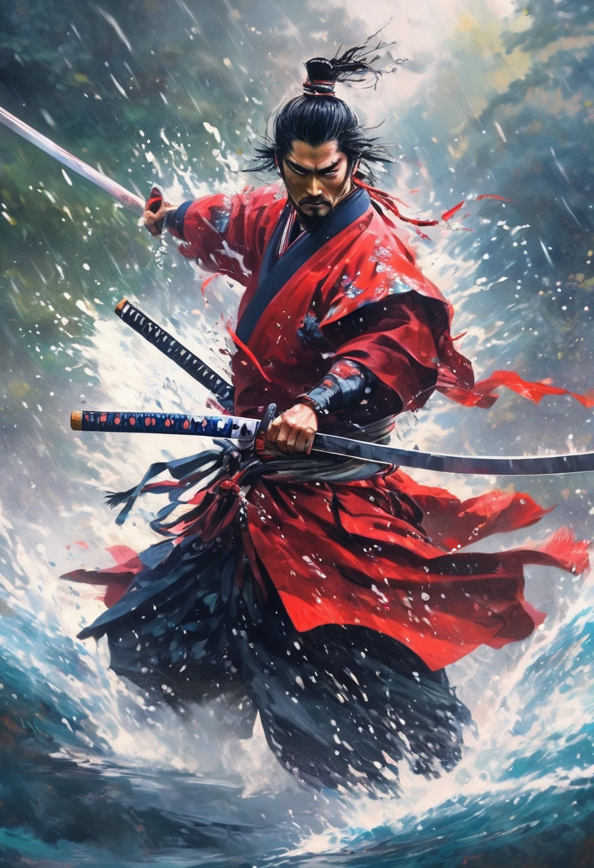 (best quality, ultra-fine, Samurai emerging from the water, forcefully splashing water from clothes, one hand gripping a Samurai sword, combat, evasion, dodge, realistic, photo-realistic:1.37), vibrant colors, sharp focus, bokeh, (fantasy:1.2),(mysterious landscape), (dynamic pose:1.37), intense gaze, extraordinary power, mythical power, black and red, rainy day, wounds on the body, splashing water, Japanese style)