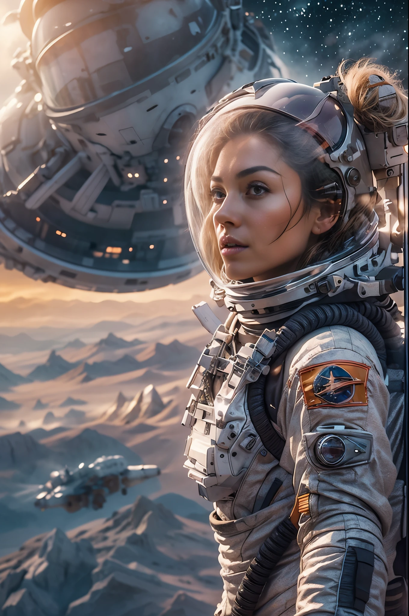 Masterpiece, a beautiful 25 years old German blonde girl, solitary female astronaut, desolated planet landscape, space and stars, electric atmosphere, utility belt, Metallic Gray Zinc, sci-fi, ultra high res.photorealistic, 16k, UHD, HDR, the best quality, body-tight astronaut suit, intricate, the most fantastic details, RAW, dramatic lighting, full body, (beautiful face, thin face, ultra high detailed eyes, ultra high detailed face, hair with bun), space ships in the sky, realistic reflections, sunrise, to scale, , determined, dynamic posture, a space military compound in the background