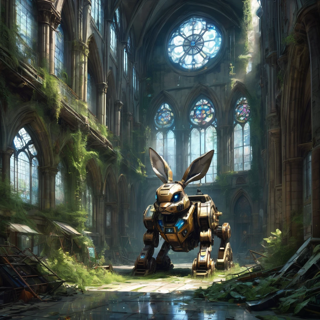 Abandoned Mech, aesthetic, extremely detailed, eye catching, drab, abandoned cathedral ruin, broken stained glass on the floor. Overgrown, city ruins, deer in the courtyard, a breathtaking artwork by Jean Baptiste Monge, Andree Wallin, Thomas Kincade, Geoffroy Thoorens, Krenz Cushart, Epic scale, highly detailed, clear environment, triadic colors cinematic light 16k resolution, Giant mecha robot rabbit abandoned!! :: concept art, 16k resolution digital art by Klaus Wittmann, Alejandro Burdisio, Ismail Inceoglu, Jeremy Mann, Ilya Kuvshinov, highly detailed, hyperrealistic, volumetric lighting, Muted colors, striking, beautifully lit, smooth sharp focus, trending on Artstation
